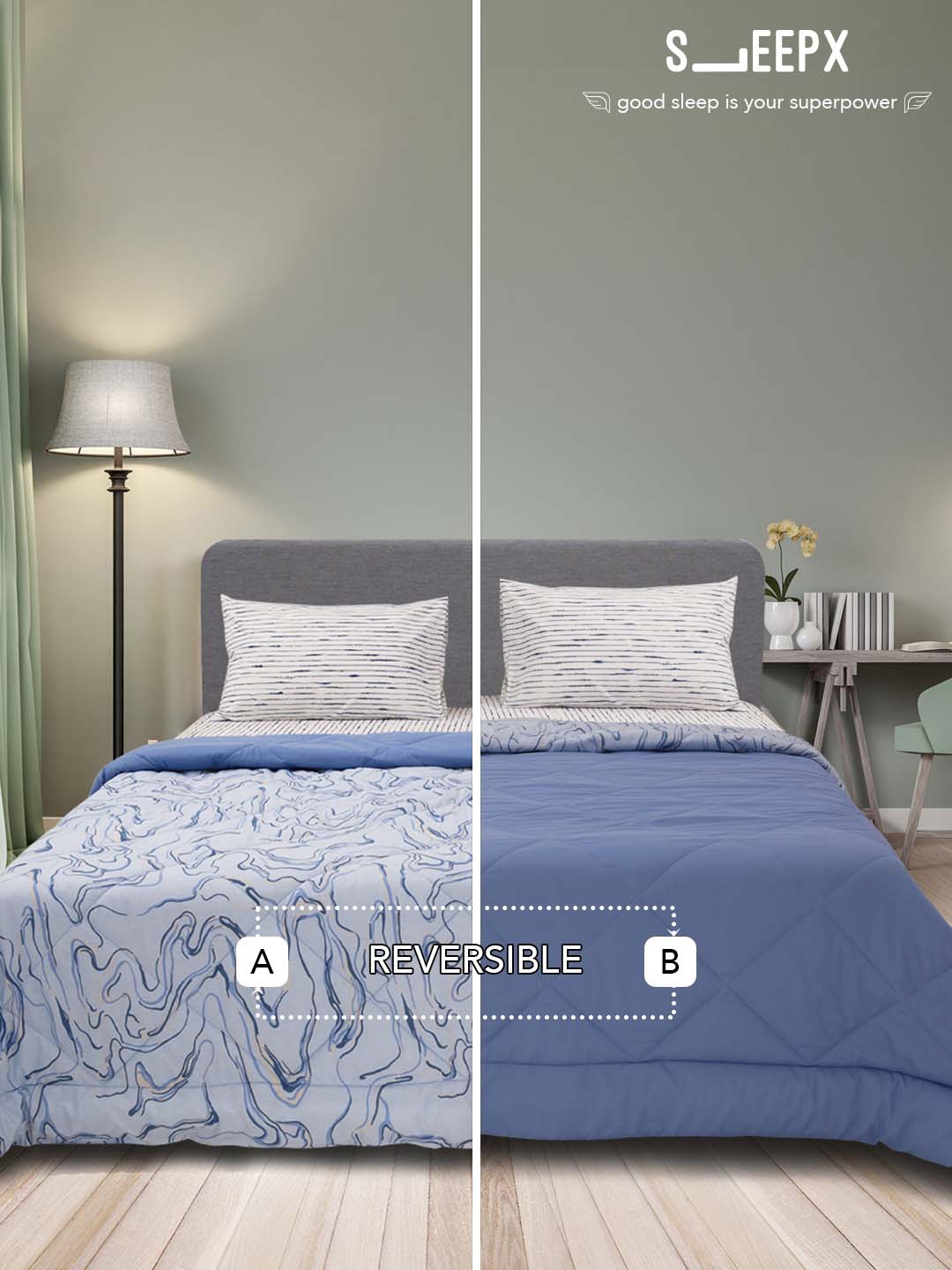SLEEPX Striped Mild Winter 150 GSM Microfiber Cotton Reversible Double Bed Comforter, Blue
SLEEPX Striped Mild Winter 150 GSM Microfiber Cotton Reversible Double Bed Comforter, Blue