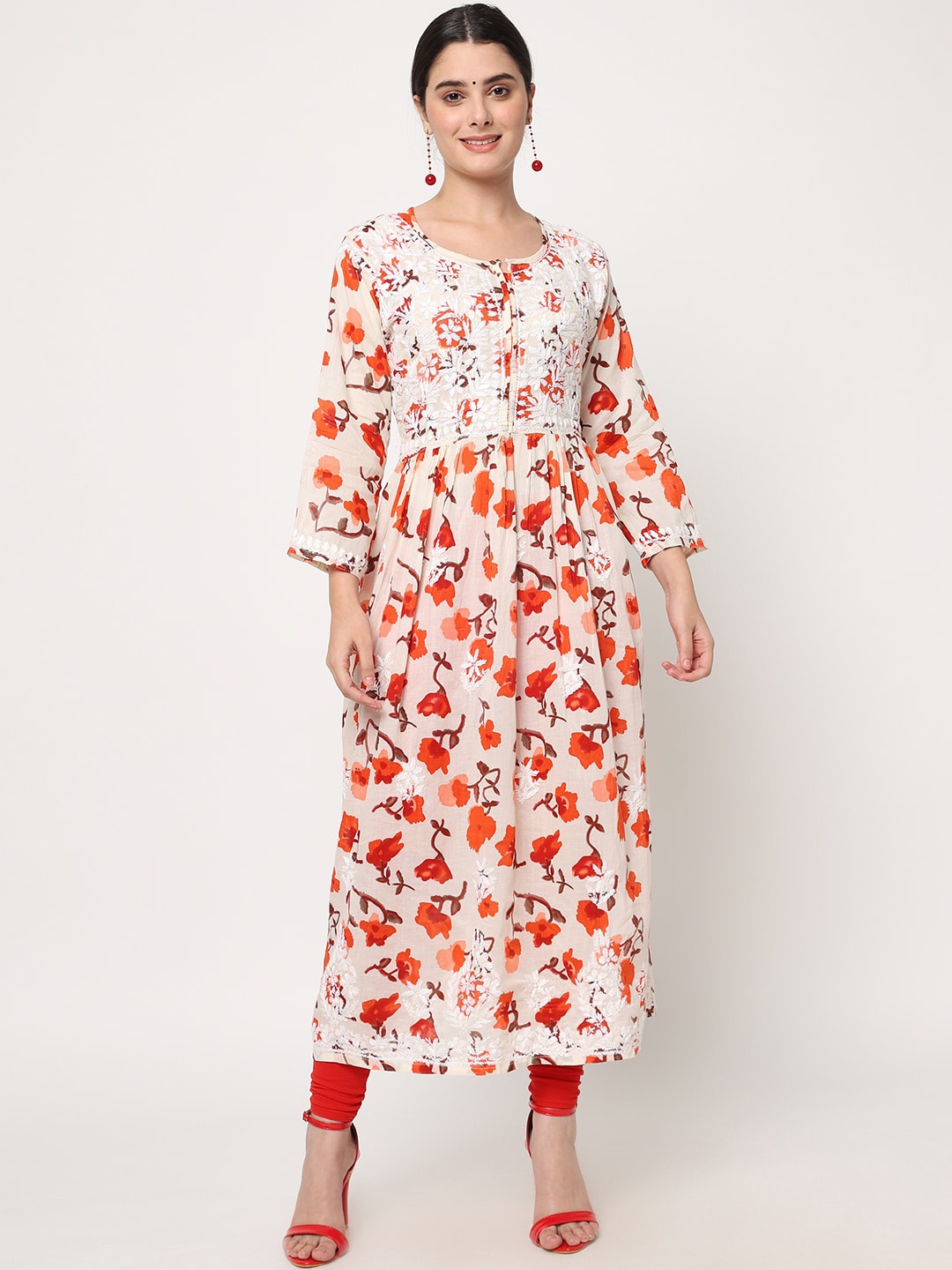 PARAMOUNT CHIKAN Women Orange & White Floral Embroidered Chikankari Cotton Kurta
