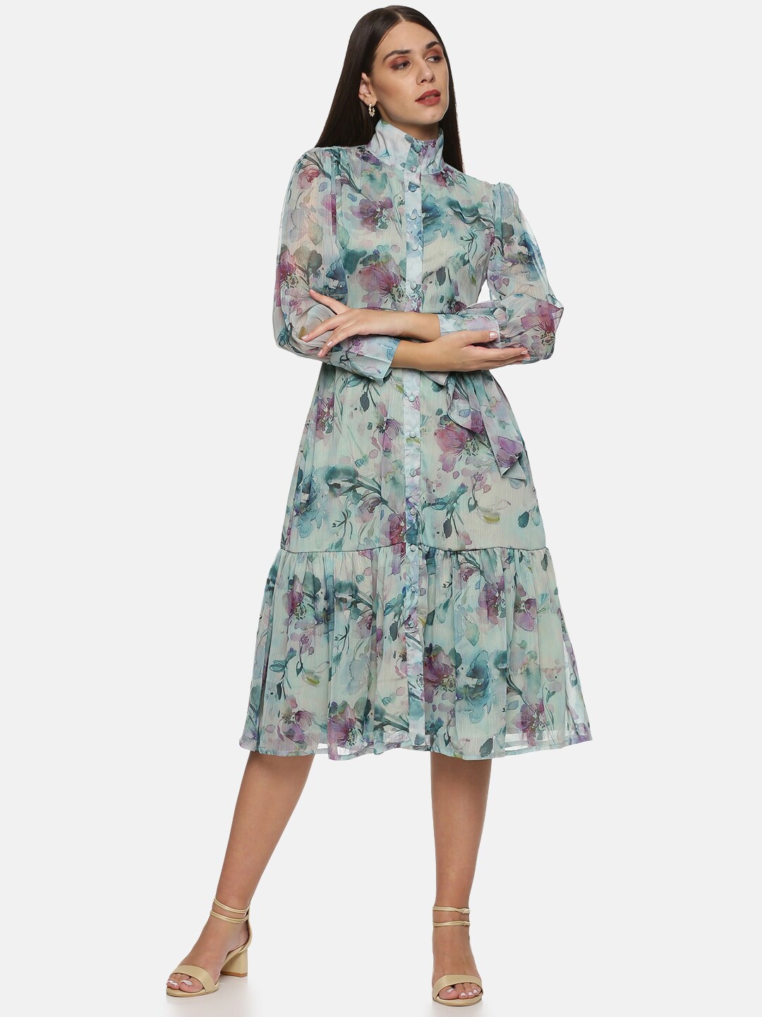 ISU Floral Chiffon Shirt Midi Dress, Green