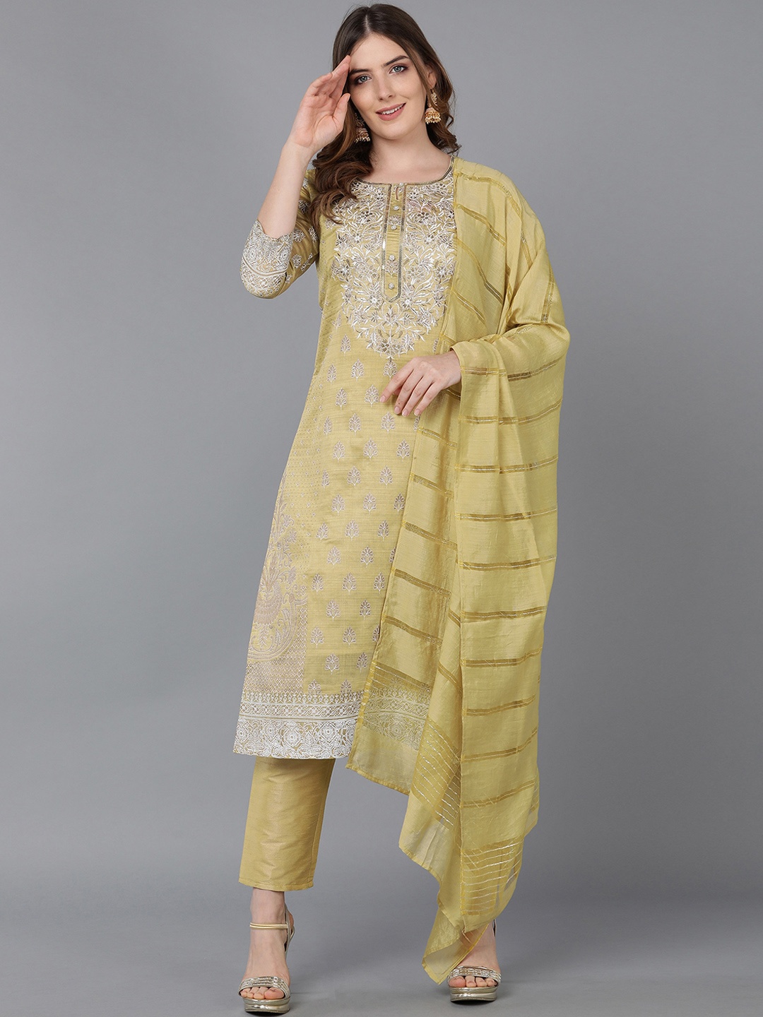 Bani Women Yellow Ethnic Motifs Yoke Design Chanderi Cotton Kurta with Trousers & With Dupatta
Bani Women Yellow Ethnic Motifs Yoke Design Chanderi Cotton Kurta with Trousers & With Dupatta