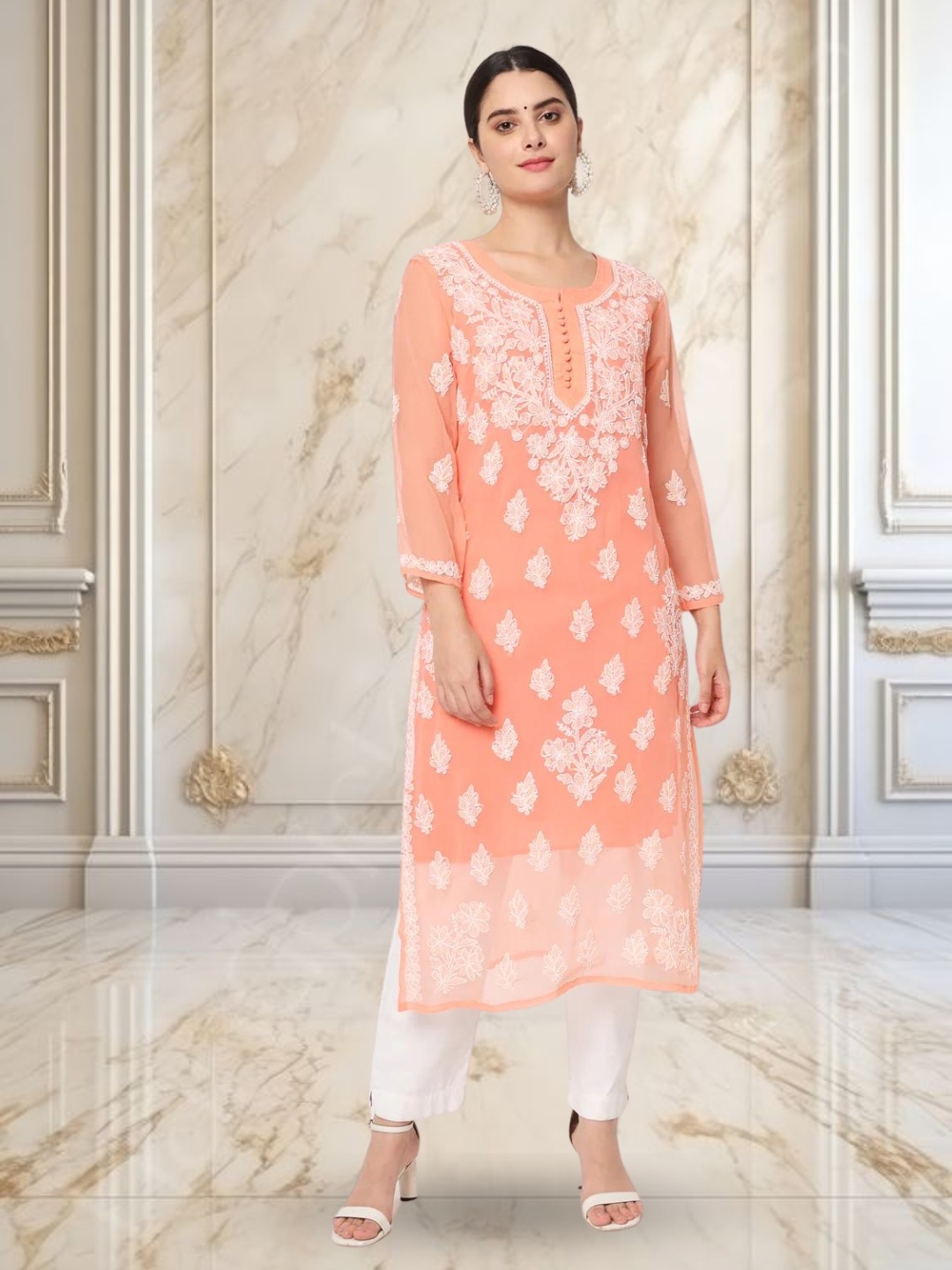 PARAMOUNT CHIKAN Women Coral Floral Embroidered Chikankari Georgette Kurta With Slip
PARAMOUNT CHIKAN Women Coral Floral Embroidered Chikankari Georgette Kurta With Slip
