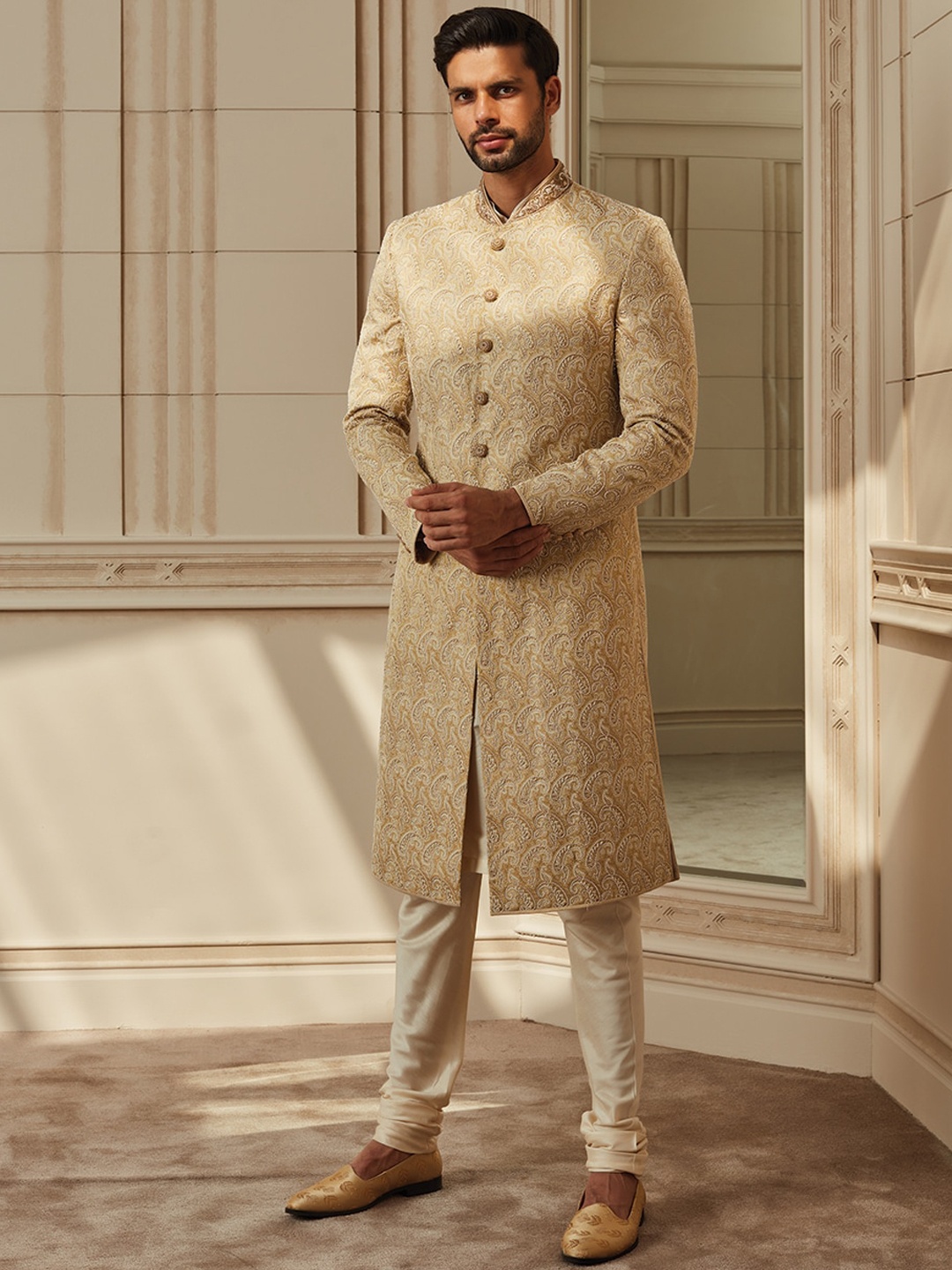Tasva Men Ivory White Brocade With All Over Zardozi Embroidery Sherwani Set, Off white
Tasva Men Ivory White Brocade With All Over Zardozi Embroidery Sherwani Set, Off white