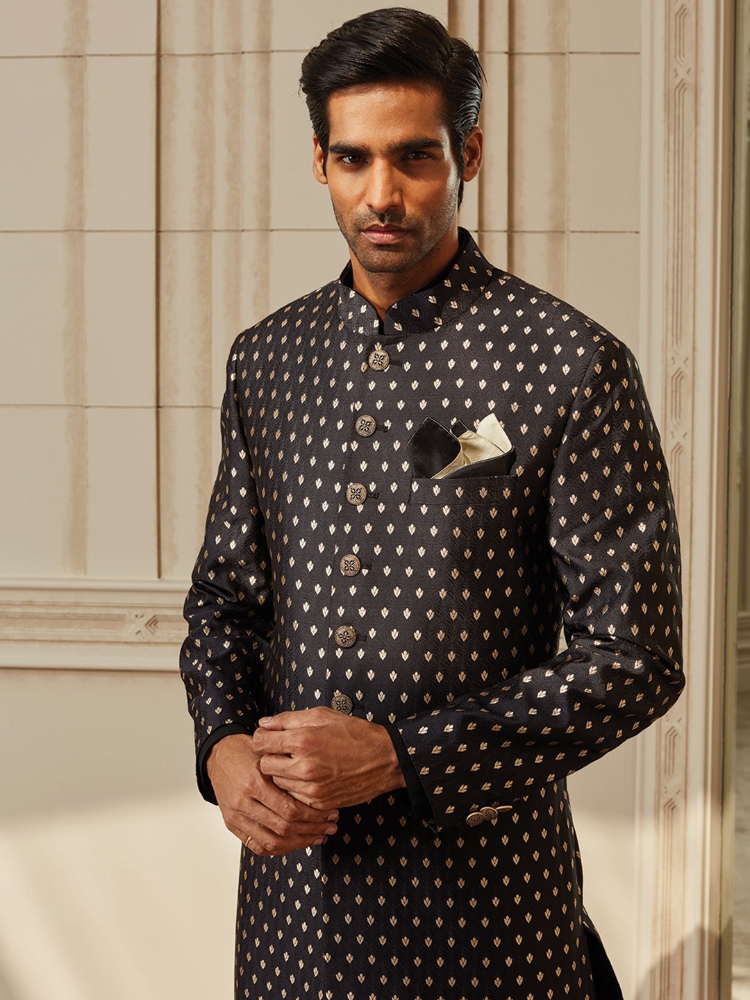 Tasva Men Black Printed Sherwani Set