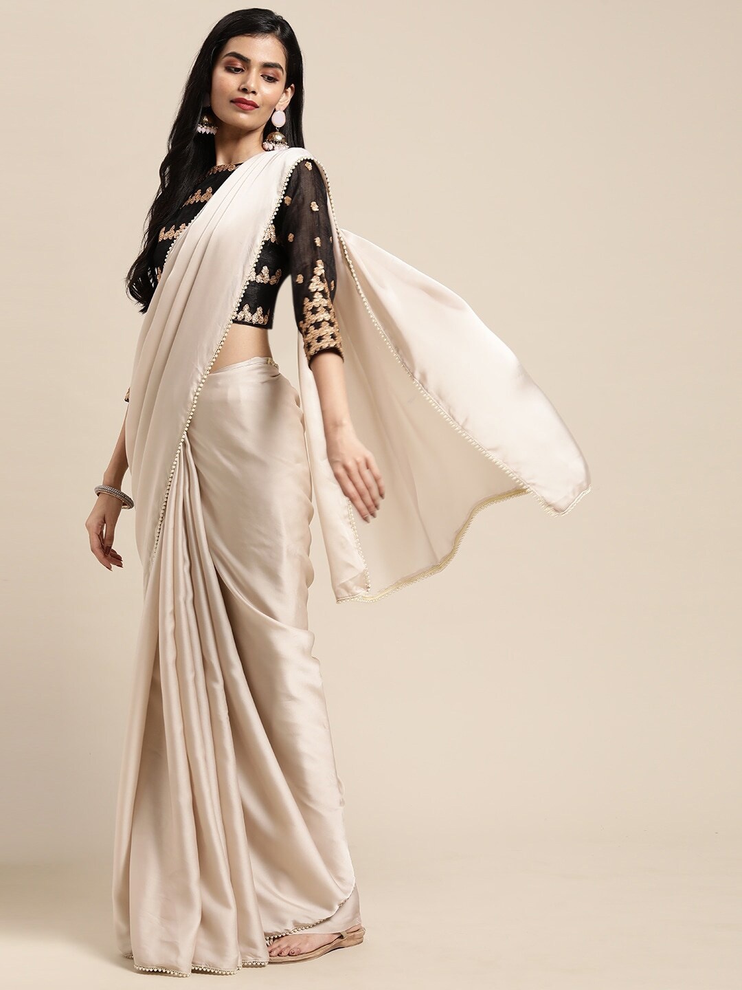 Sangria Grey & White Satin Saree