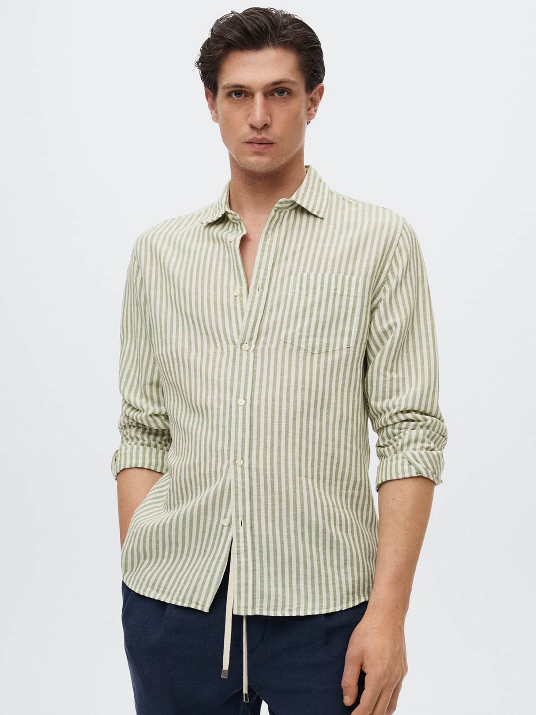 MANGO MAN Men Green Slim Fit Striped Casual Sustainable Shirt