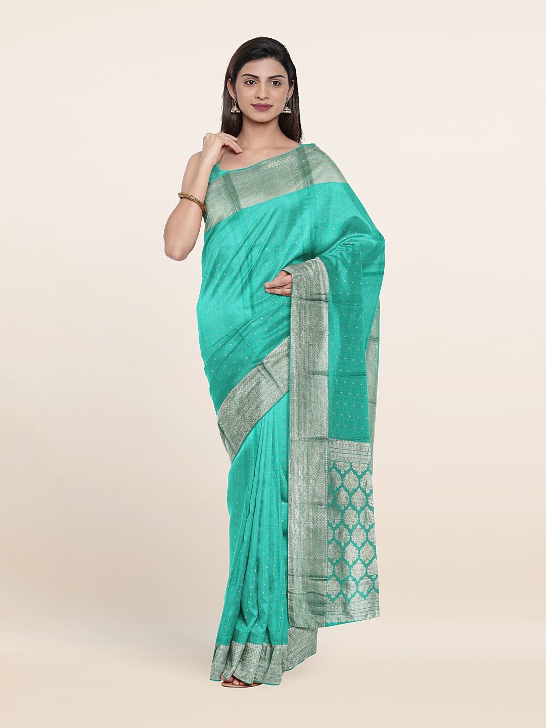 Pothys Green & Silver-Toned Pure Silk Saree