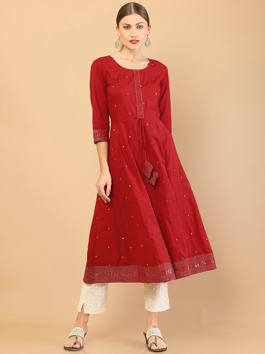 Soch Women Maroon Geometric Embellished Mirror Work Floral Anarkali Kurta