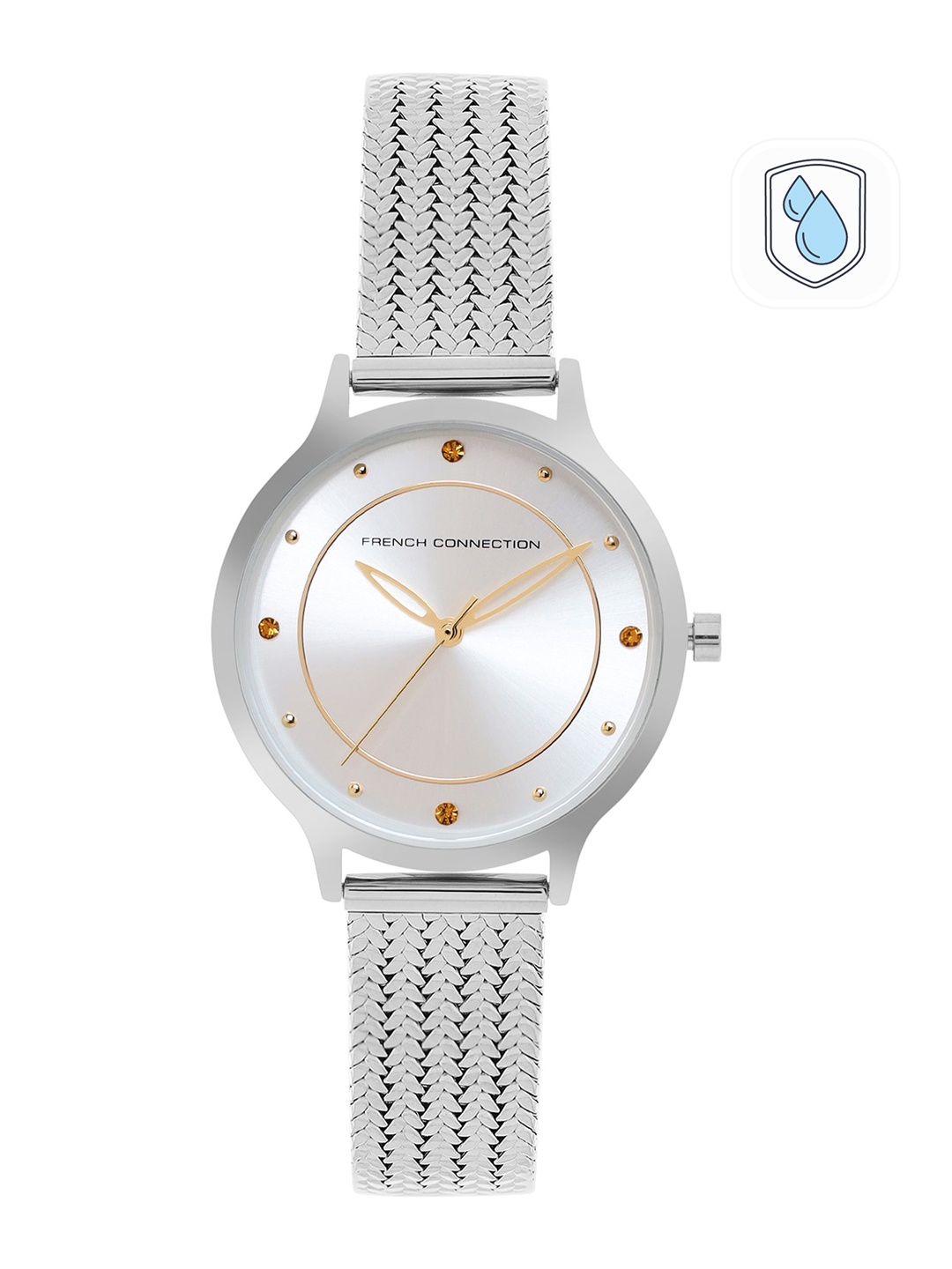 French Connection Women Silver-Toned Embellished Dial & Silver Toned Stainless Steel Bracelet Style Straps Watch
French Connection Women Silver-Toned Embellished Dial & Silver Toned Stainless Steel Bracelet Style Straps Watch