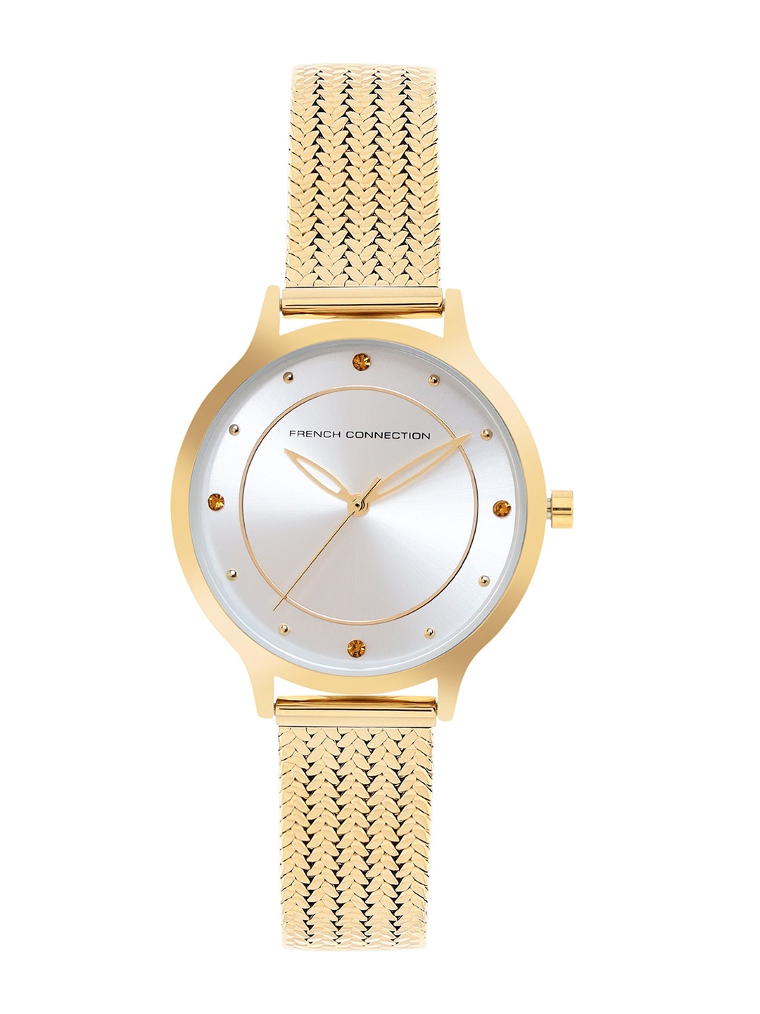 French Connection Women Silver-Toned Embellished Dial & Gold Toned Stainless Steel Bracelet Style Straps Watch
French Connection Women Silver-Toned Embellished Dial & Gold Toned Stainless Steel Bracelet Style Straps Watch