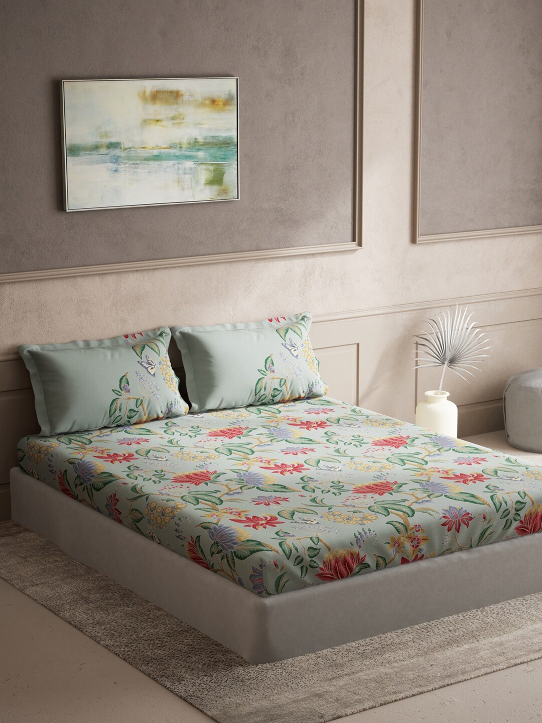 DDecor Floral 144 TC Queen Bedsheet with 2 Pillow Covers, Green