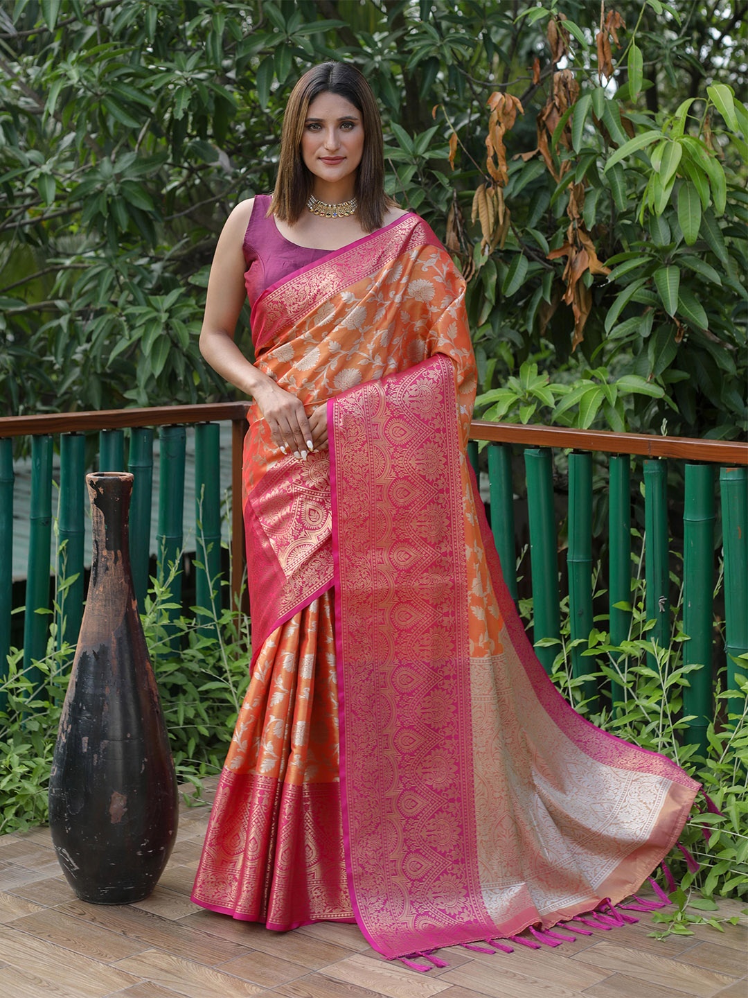Mitera Orange & Pink Floral Zari Silk Blend Kanjeevaram Saree