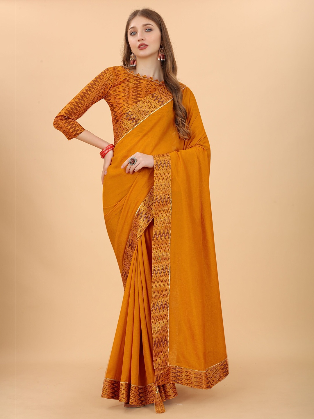 KALINI Mustard & Gold-Toned Pure Silk Saree
