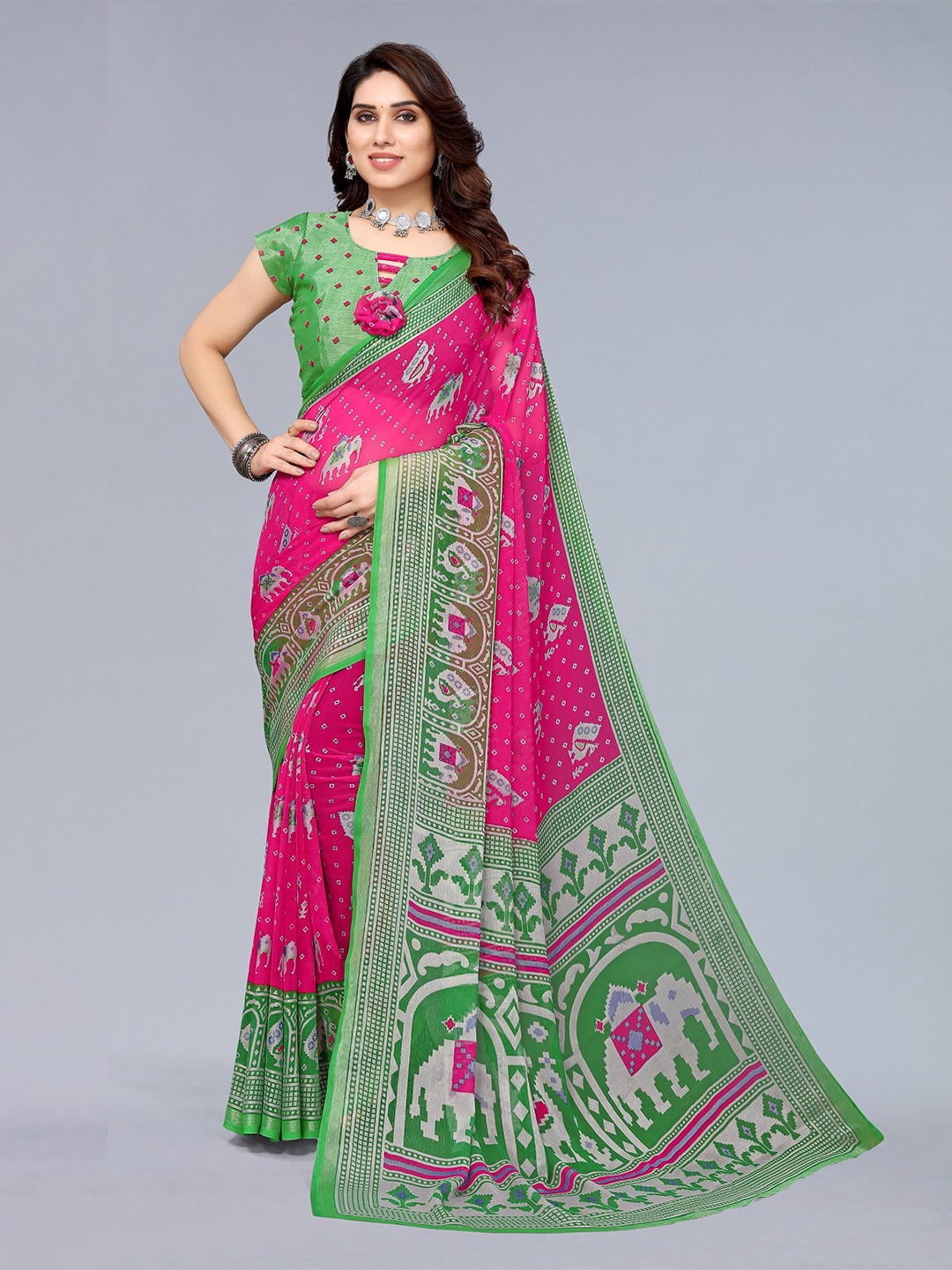 Winza Designer Pink And Green Ethnic Motifs Print Zari Pure Chiffon Block Print Saree
Winza Designer Pink And Green Ethnic Motifs Print Zari Pure Chiffon Block Print Saree