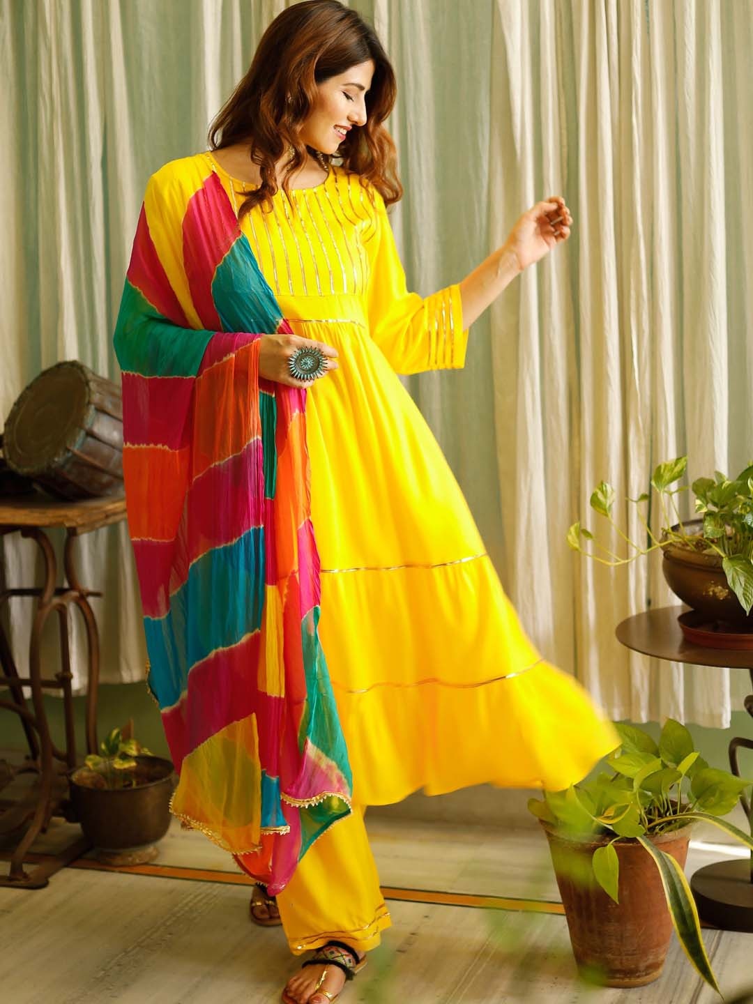 Thread & Button Women Yellow Lace Work A-Line Kurta with Palazzos & With Printed Dupatta
Thread & Button Women Yellow Lace Work A-Line Kurta with Palazzos & With Printed Dupatta