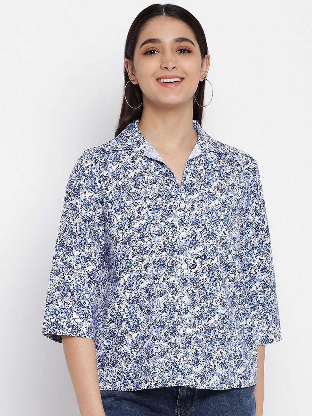 abof White & Blue Floral Print Shirt Style Top