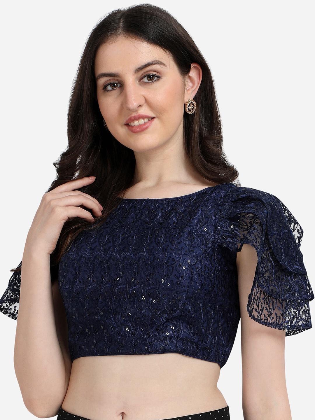 Amrutam Fab Women Navy Blue Embroidered Saree Blouse