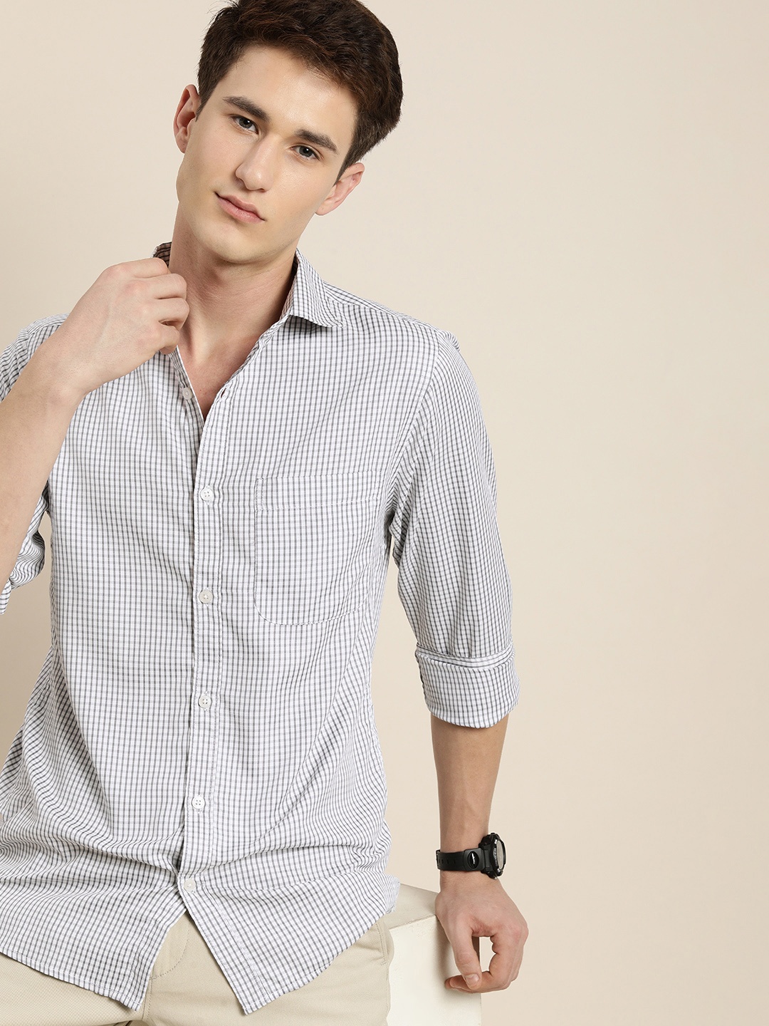 encore by INVICTUS Men Grid Tattersall Checked Casual Shirt, Grey