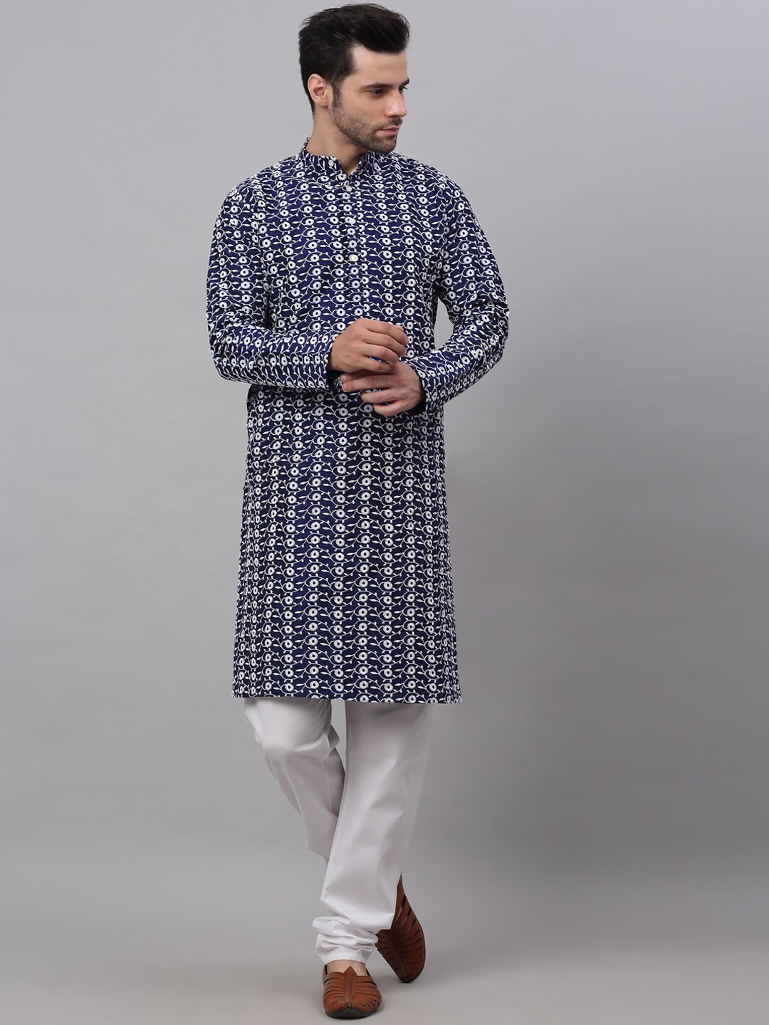 Jompers Men Floral Embroidered Chikankari Dupion Silk Kurta with Churidar, Navy blue
Jompers Men Floral Embroidered Chikankari Dupion Silk Kurta with Churidar, Navy blue