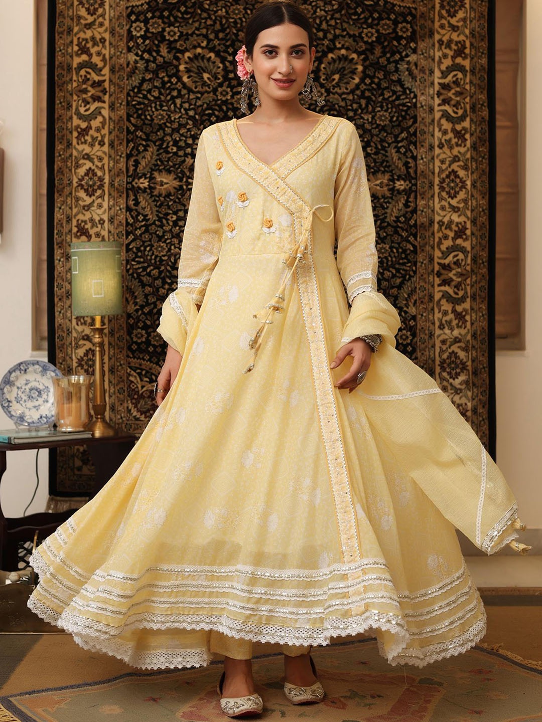 SCAKHI Women Embroidered Angrakha Gotta Patti Pure Cotton Kurta with Trousers & Dupatta, Yellow
SCAKHI Women Embroidered Angrakha Gotta Patti Pure Cotton Kurta with Trousers & Dupatta, Yellow