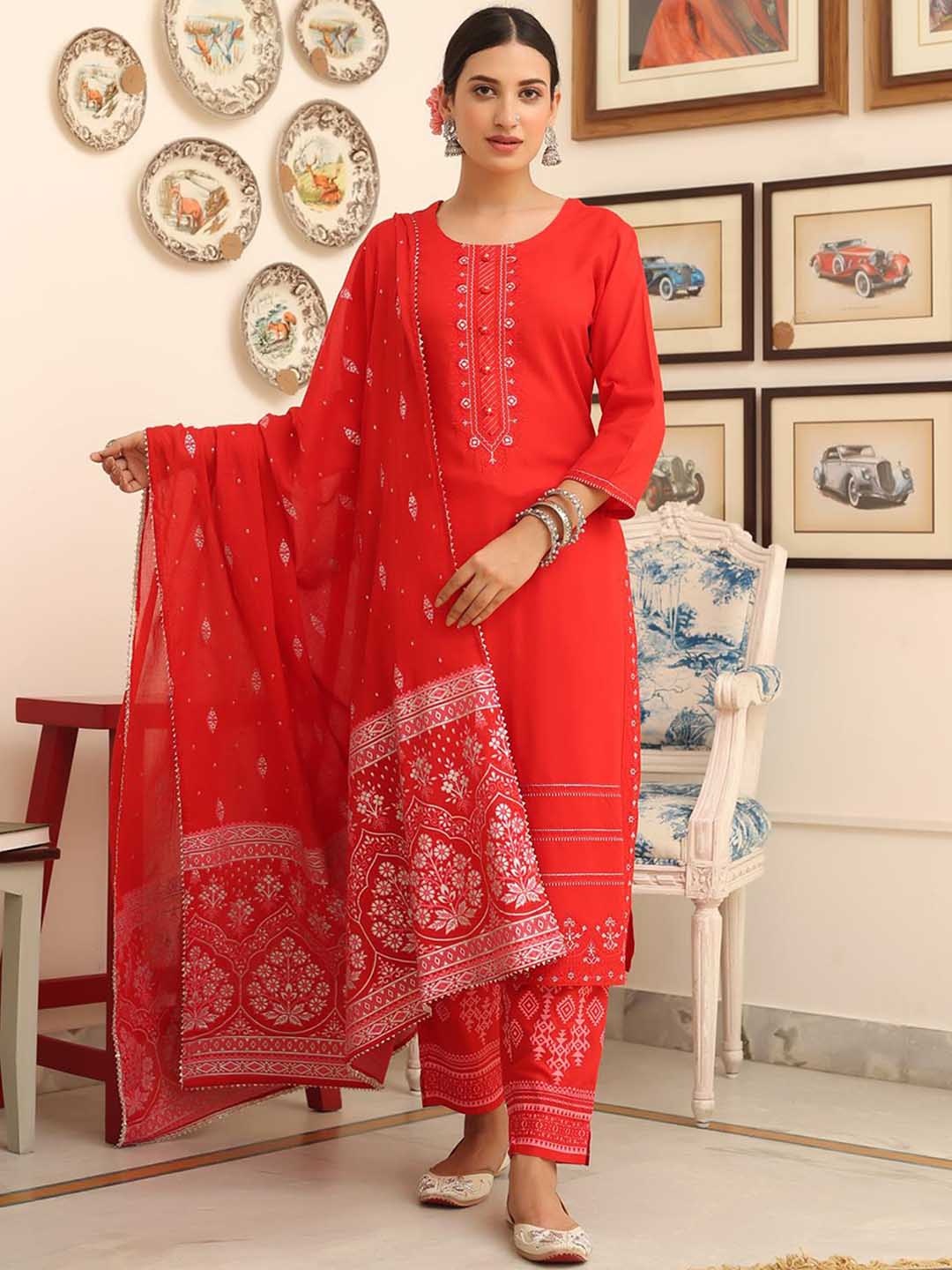 SCAKHI Women Ethnic Motifs Embroidered Mirror Work Kurta with Trousers & Dupatta, Red
SCAKHI Women Ethnic Motifs Embroidered Mirror Work Kurta with Trousers & Dupatta, Red