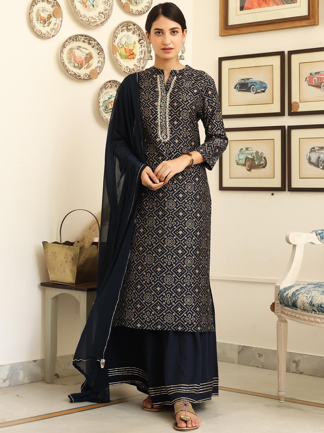 SCAKHI Women Bandhani Printed Gotta Patti Kurta with Sharara & With Dupatta, Navy blue
SCAKHI Women Bandhani Printed Gotta Patti Kurta with Sharara & With Dupatta, Navy blue