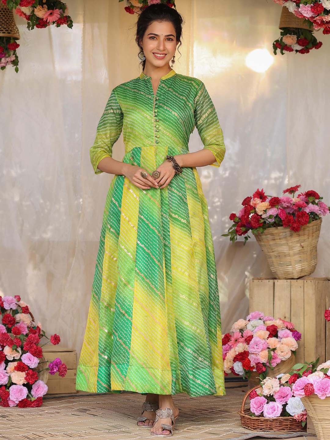 SCAKHI Women Green Striped Anarkali Kurta