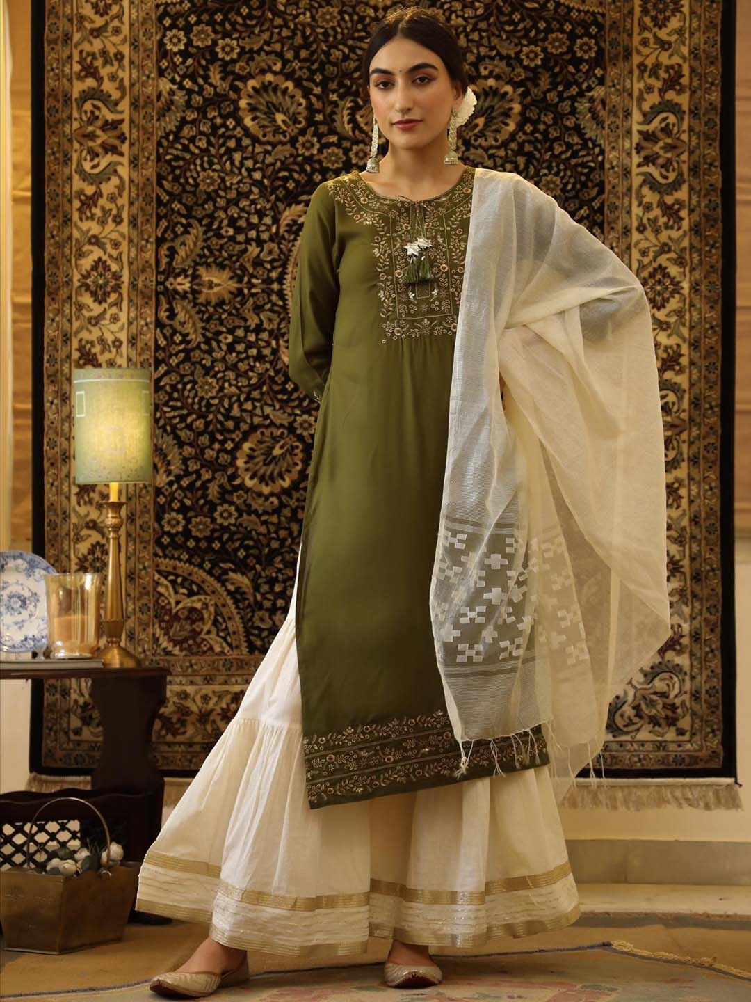 SCAKHI Women Olive Green Floral Embroidered Panelled Kurta with Sharara & With Dupatta
SCAKHI Women Olive Green Floral Embroidered Panelled Kurta with Sharara & With Dupatta