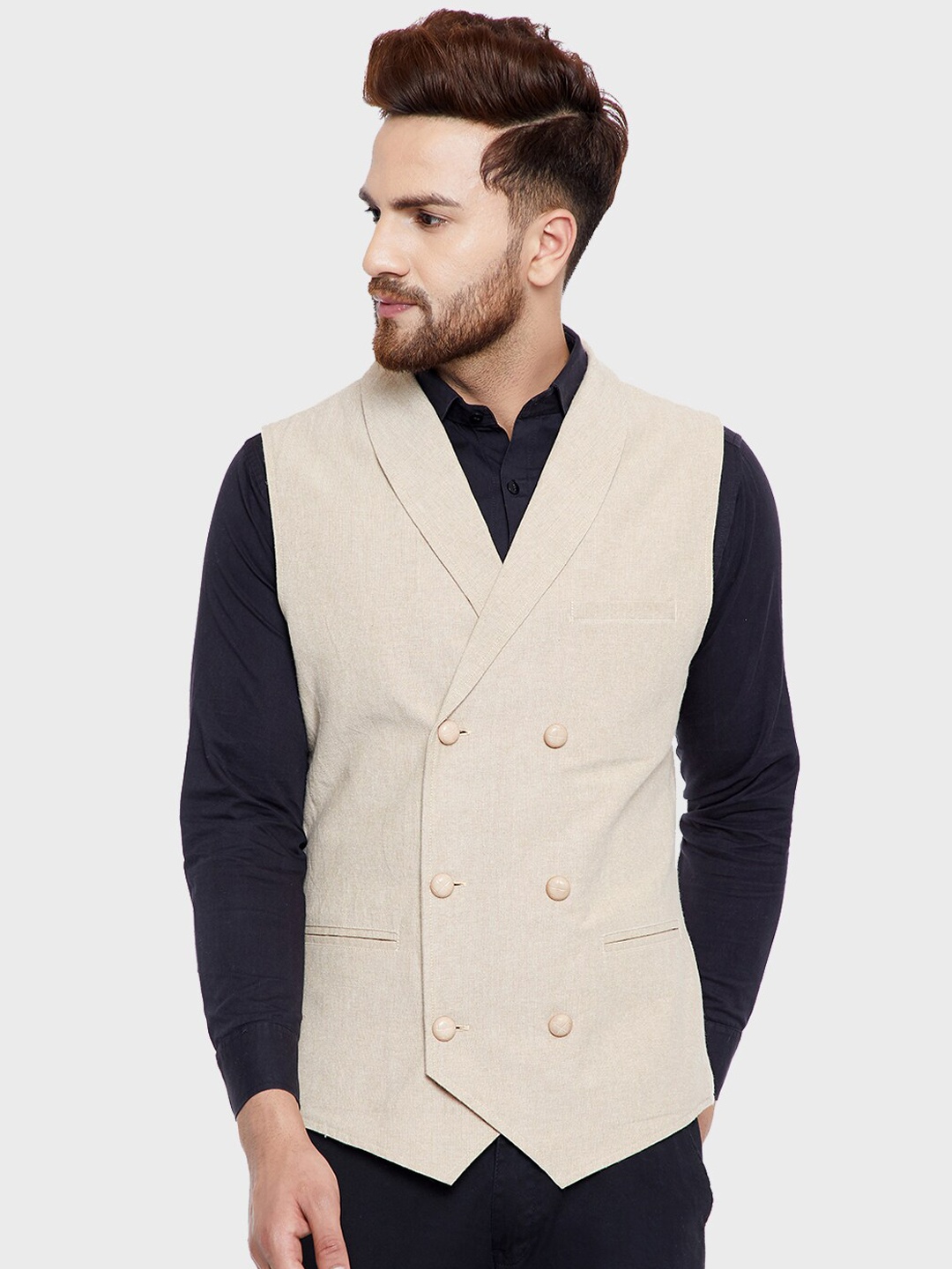 Hypernation Men Beige Solid pure cotton Waistcoat