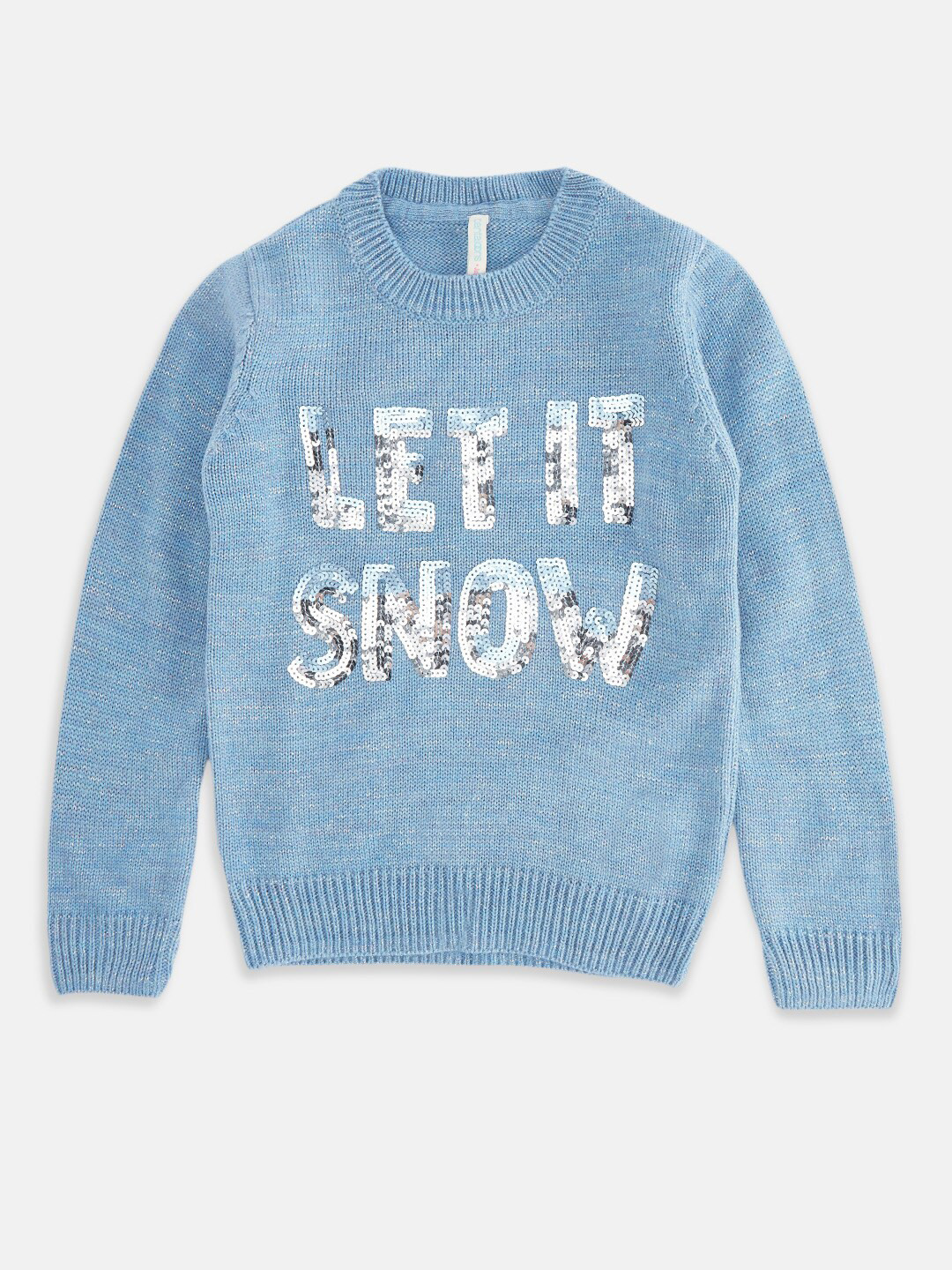Pantaloons Junior Girls Blue & Silver Sequined Typography Pullover 
Pantaloons Junior Girls Blue & Silver Sequined Typography Pullover