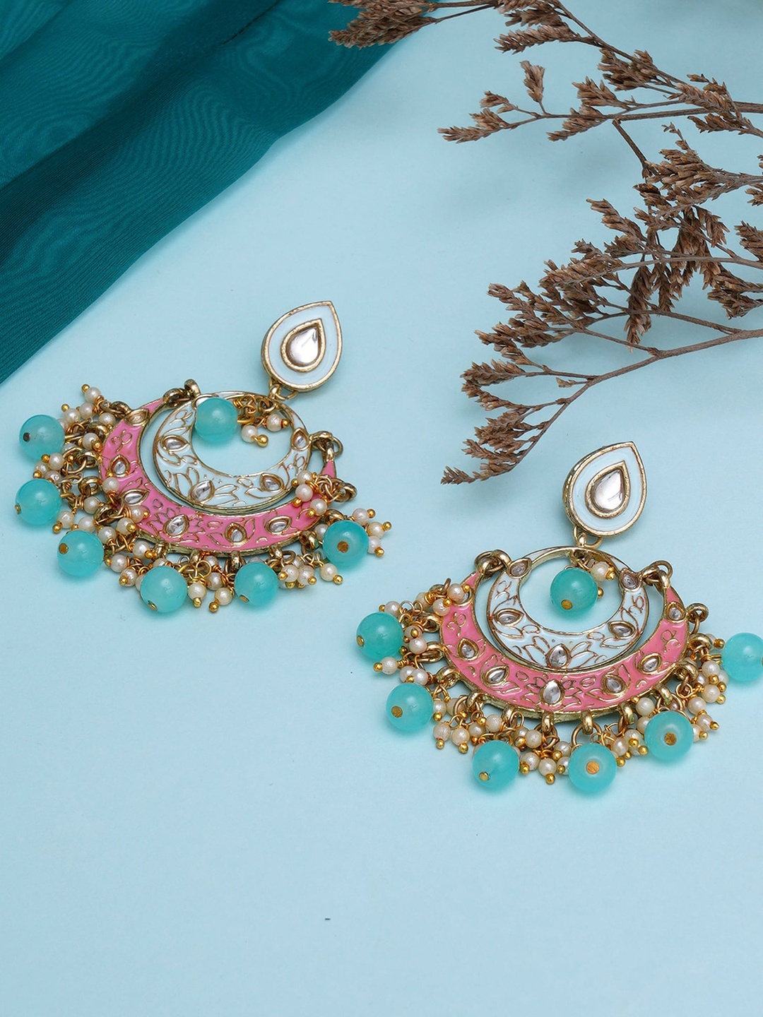 KARATCART Women Pink and Light Blue Meena Kundan Gold-Plated Classic Chandbalis Earrings
KARATCART Women Pink and Light Blue Meena Kundan Gold-Plated Classic Chandbalis Earrings