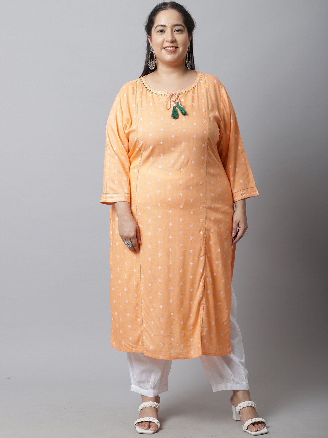 Rajnandini Women Plus Size Orange & White Ethnic Motifs Printed Kurta 
Rajnandini Women Plus Size Orange & White Ethnic Motifs Printed Kurta