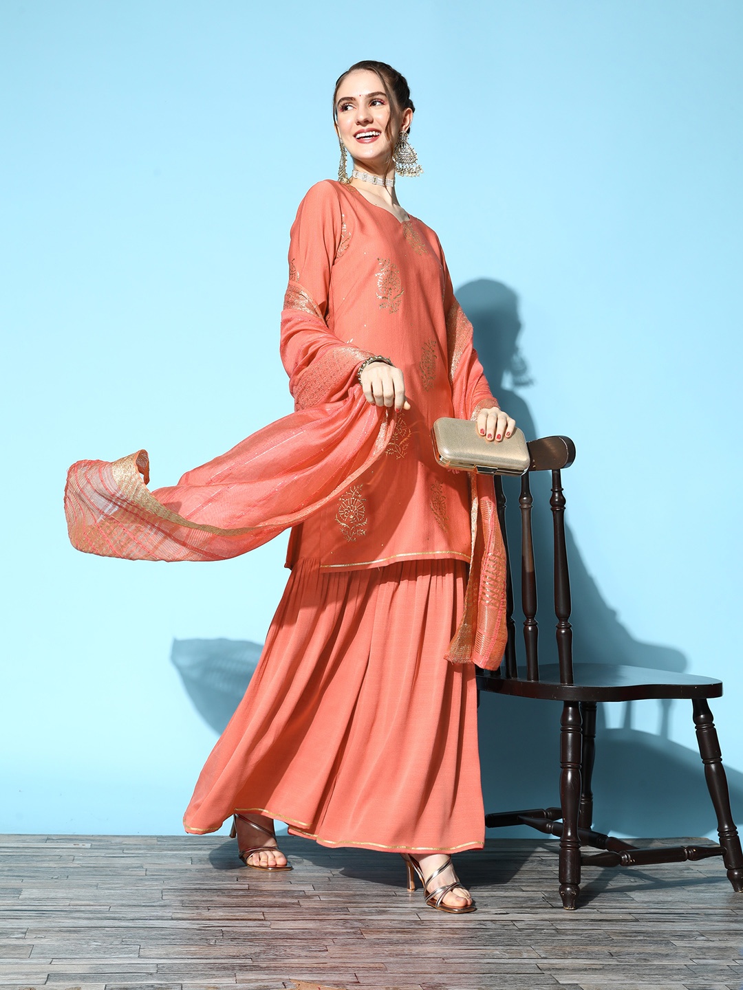SKYLEE Women Ethnic Motifs Poly Georgette New Neckline Kurta Set, Coral