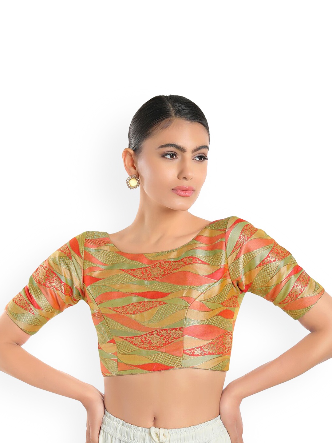 SALWAR STUDIO Women Green & Orange Woven Design Brocade Saree Blouse