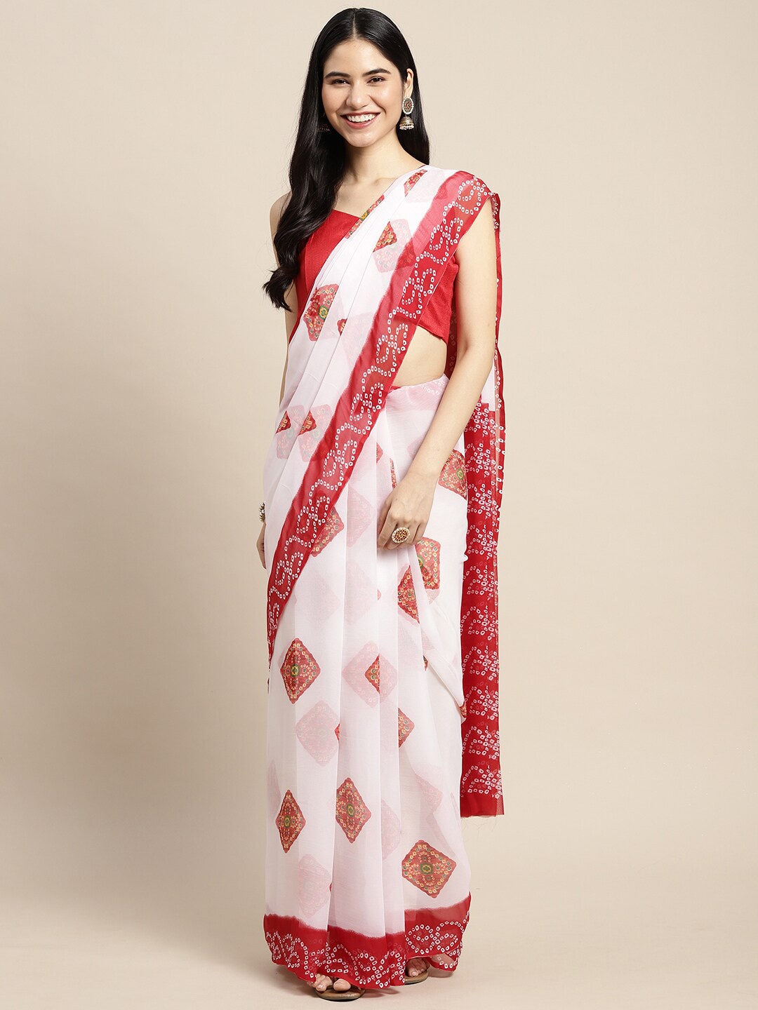 Saree mall Women White & Red Printed Poly Chiffon Bandhani Saree With Matching Blouse
Saree mall Women White & Red Printed Poly Chiffon Bandhani Saree With Matching Blouse