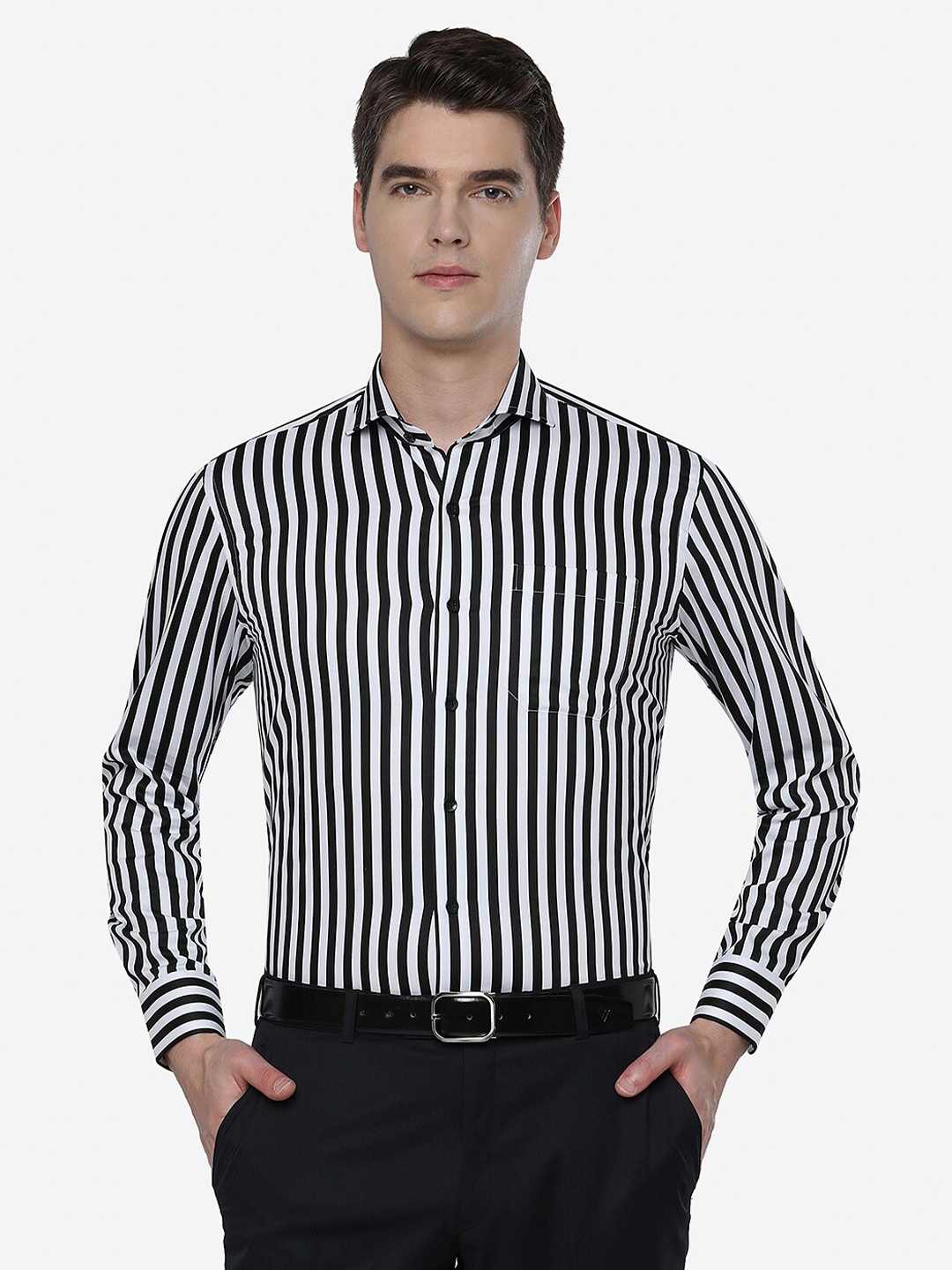 METAL Men Slim Fit Striped Casual Shirt, White