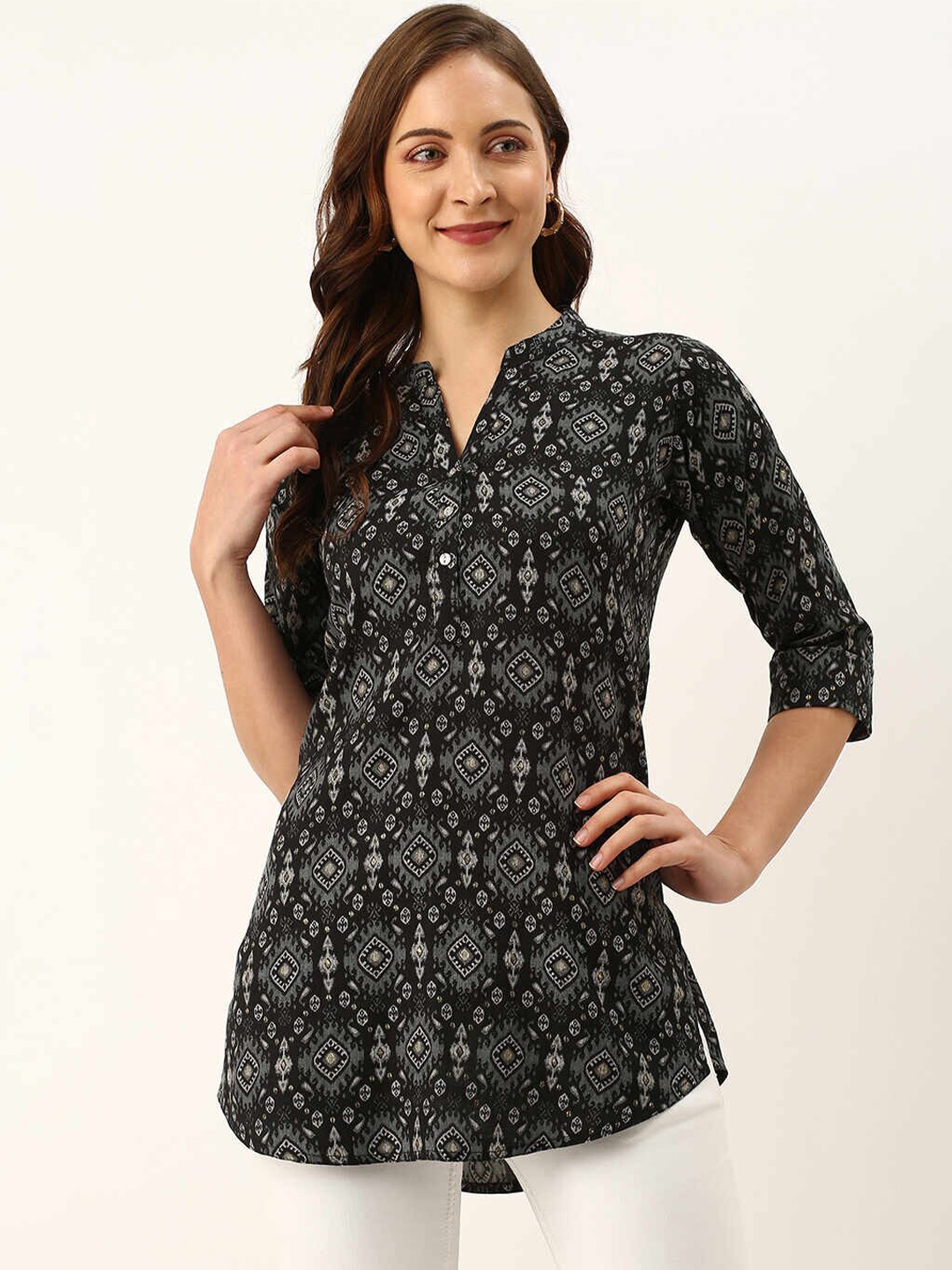 ZOLA Women Black & Grey Mandarin Collar Printed Tunic