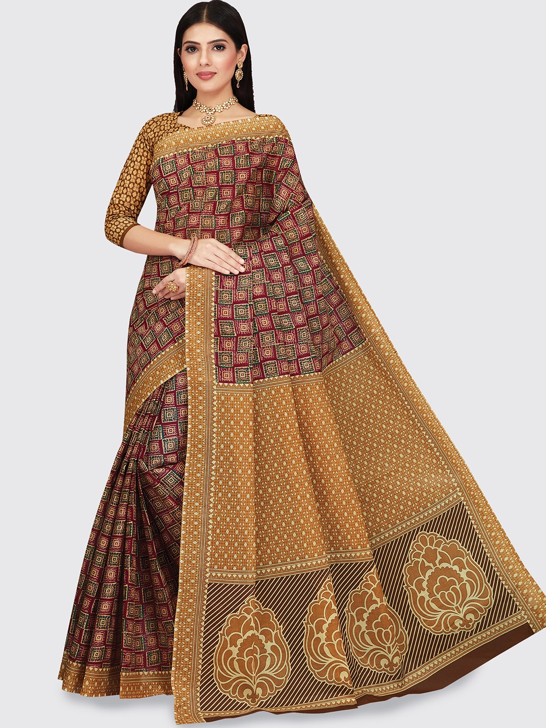 SHANVIKA Pink & Brown Pure Cotton Block Print Saree