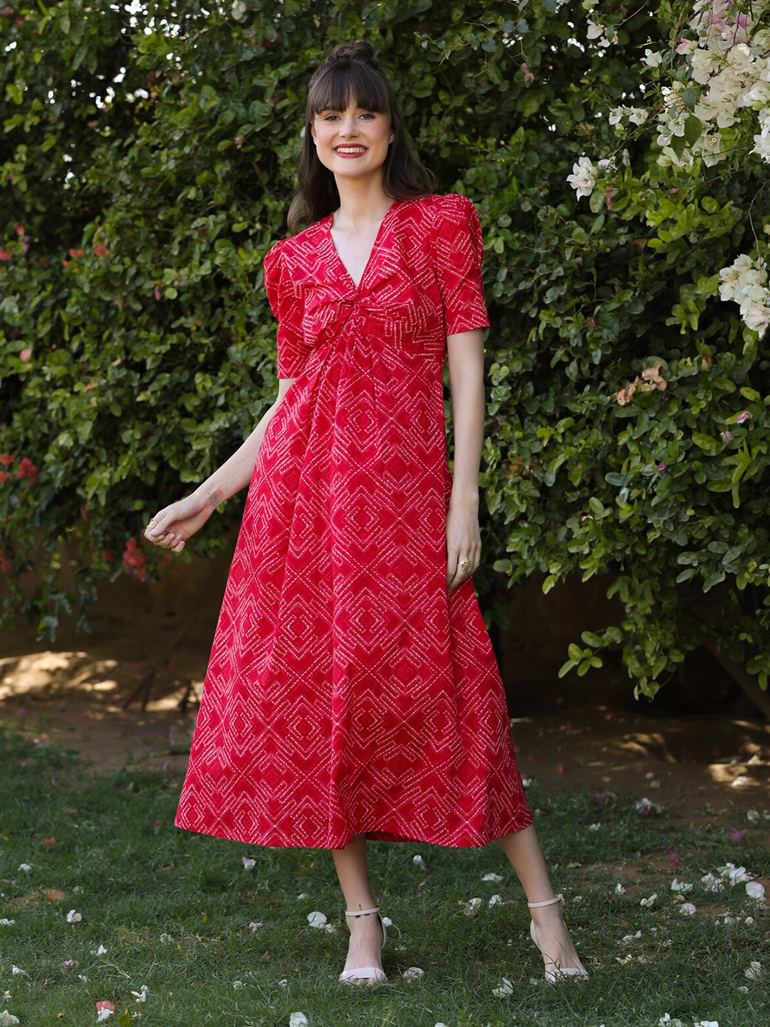 JISORA Red Geometric Printed A-Line Maxi Dress