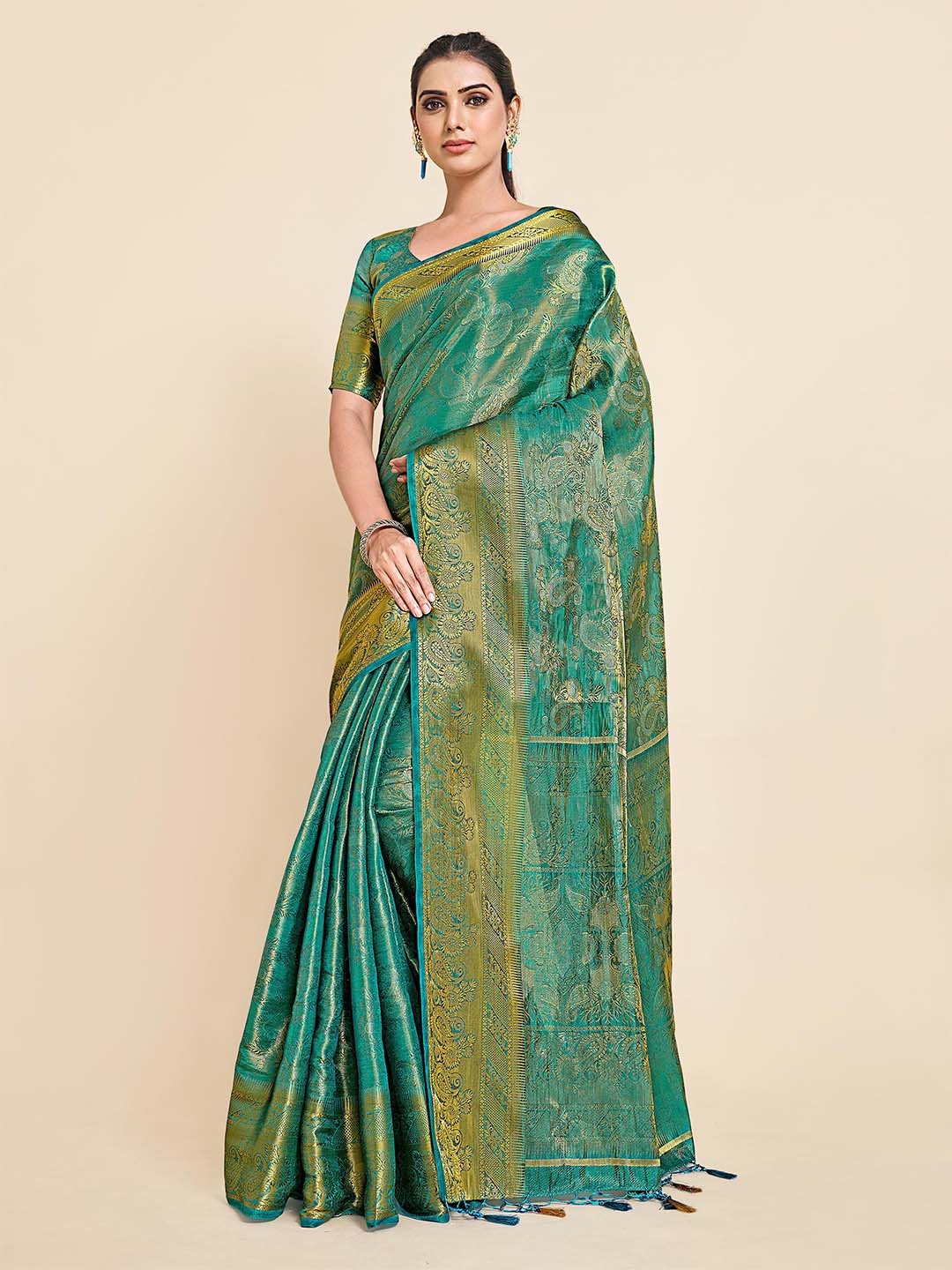 MIMOSA Teal & Gold-Toned Woven Design Zari Art Silk Kanjeevaram Saree