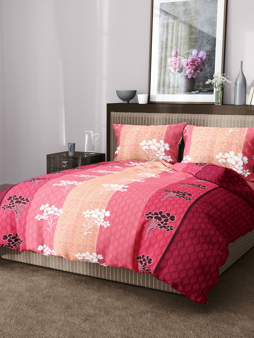 Aura Floral 144 TC King Cotton Bedsheet with 2 Pillow Covers, Coral