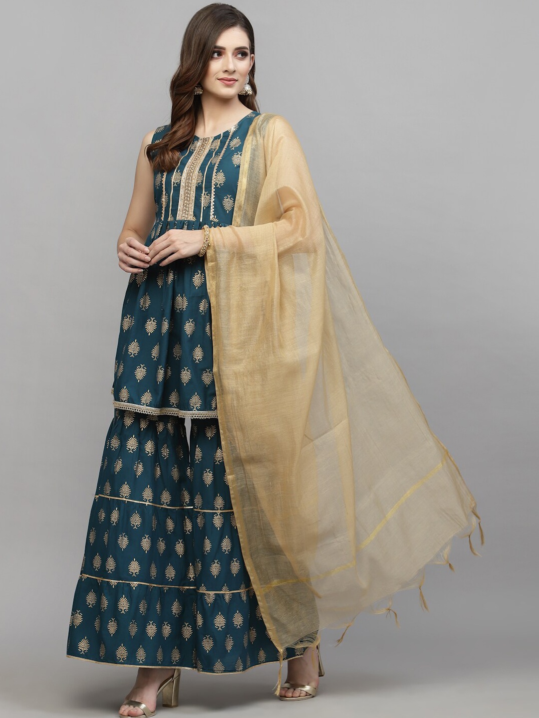 Stylum Women Teal Ethnic Motifs Printed Pleated Gotta Patti Pure Cotton Kurta with Sharara & With Dupatta
Stylum Women Teal Ethnic Motifs Printed Pleated Gotta Patti Pure Cotton Kurta with Sharara & With Dupatta