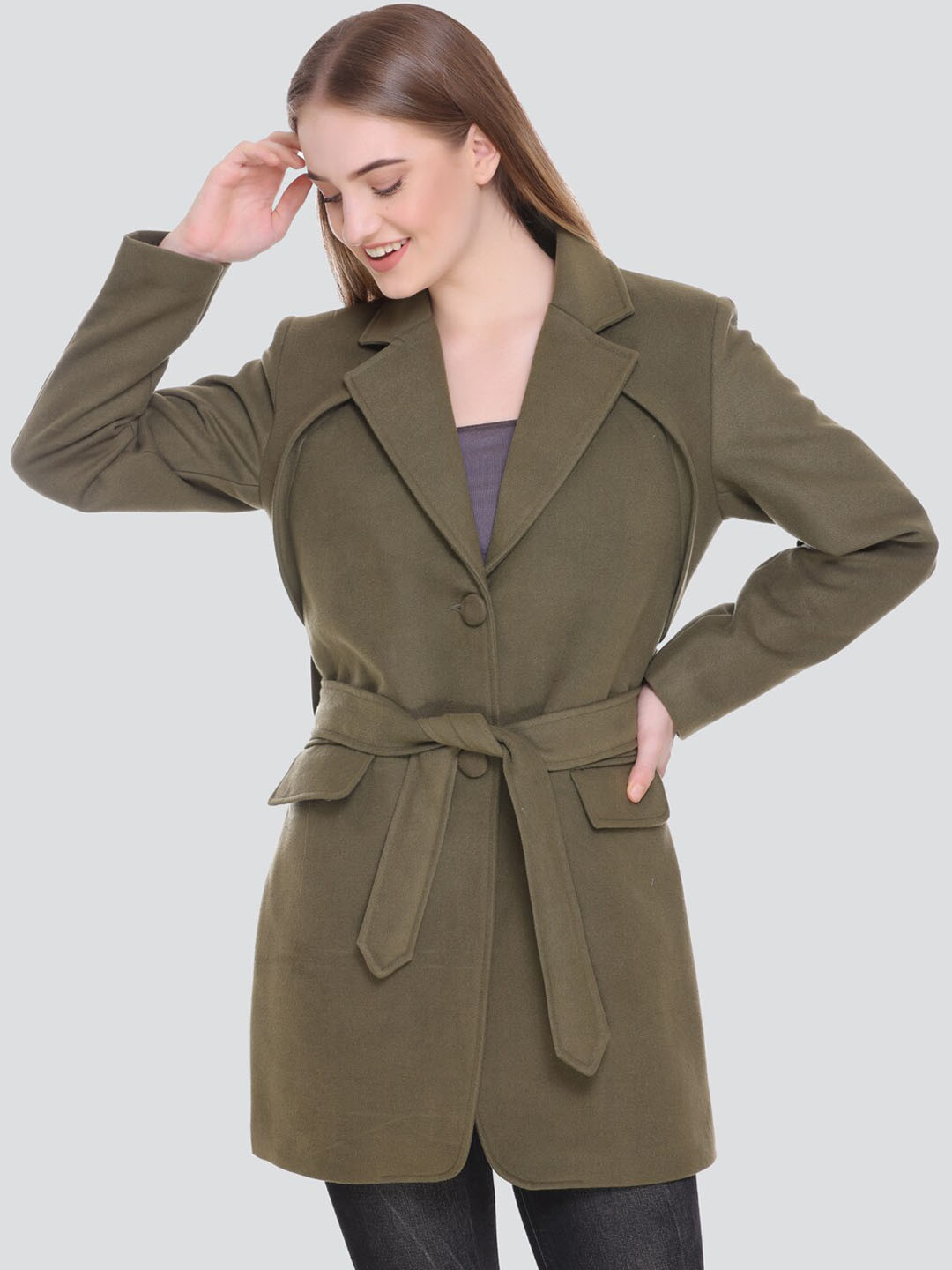 HONNETE Women Olive Green Solid Trench Coat
HONNETE Women Olive Green Solid Trench Coat