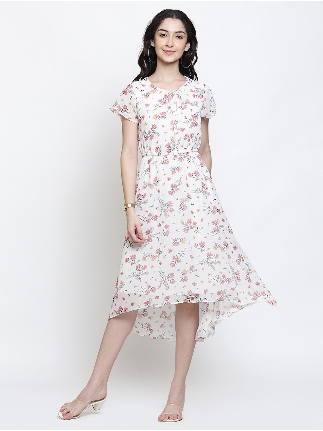 Retrobelaa White Floral Georgette A-Line High-Low Midi Dress