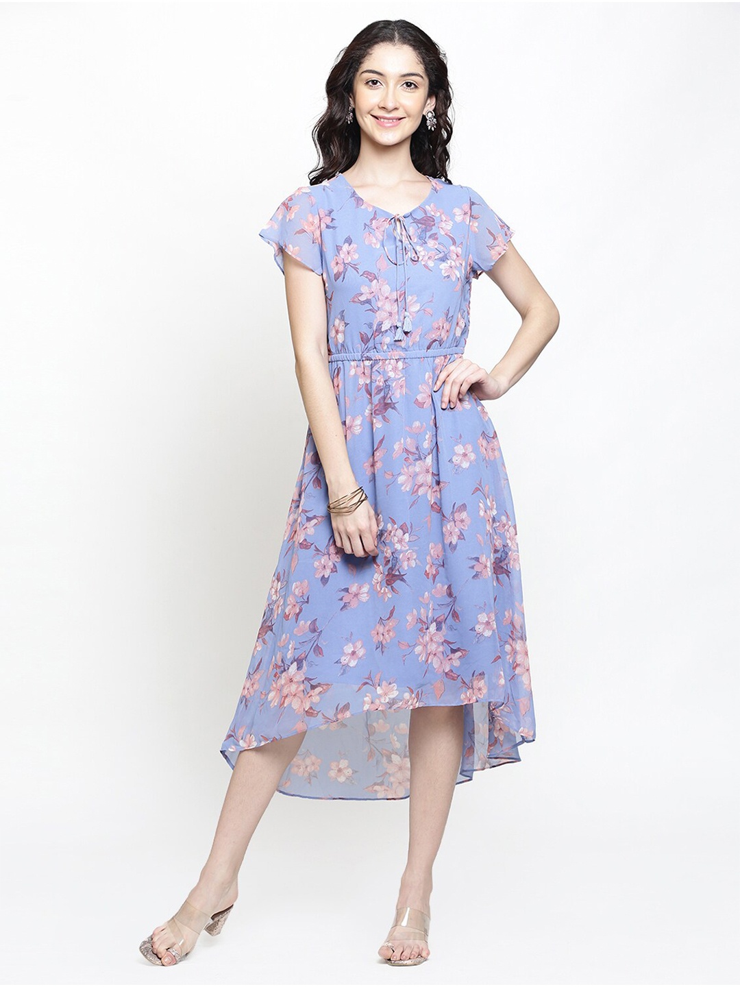 Retrobelaa Women party Purple Floral Printed Tie Up Georgette Midi Dress
