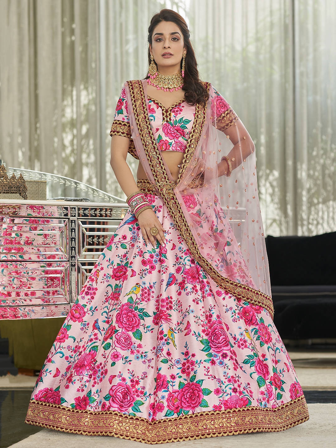 FABPIXEL Women Pink & Green Printed Semi-Stitched Lehenga & Unstitched Blouse With Dupatta
FABPIXEL Women Pink & Green Printed Semi-Stitched Lehenga & Unstitched Blouse With Dupatta