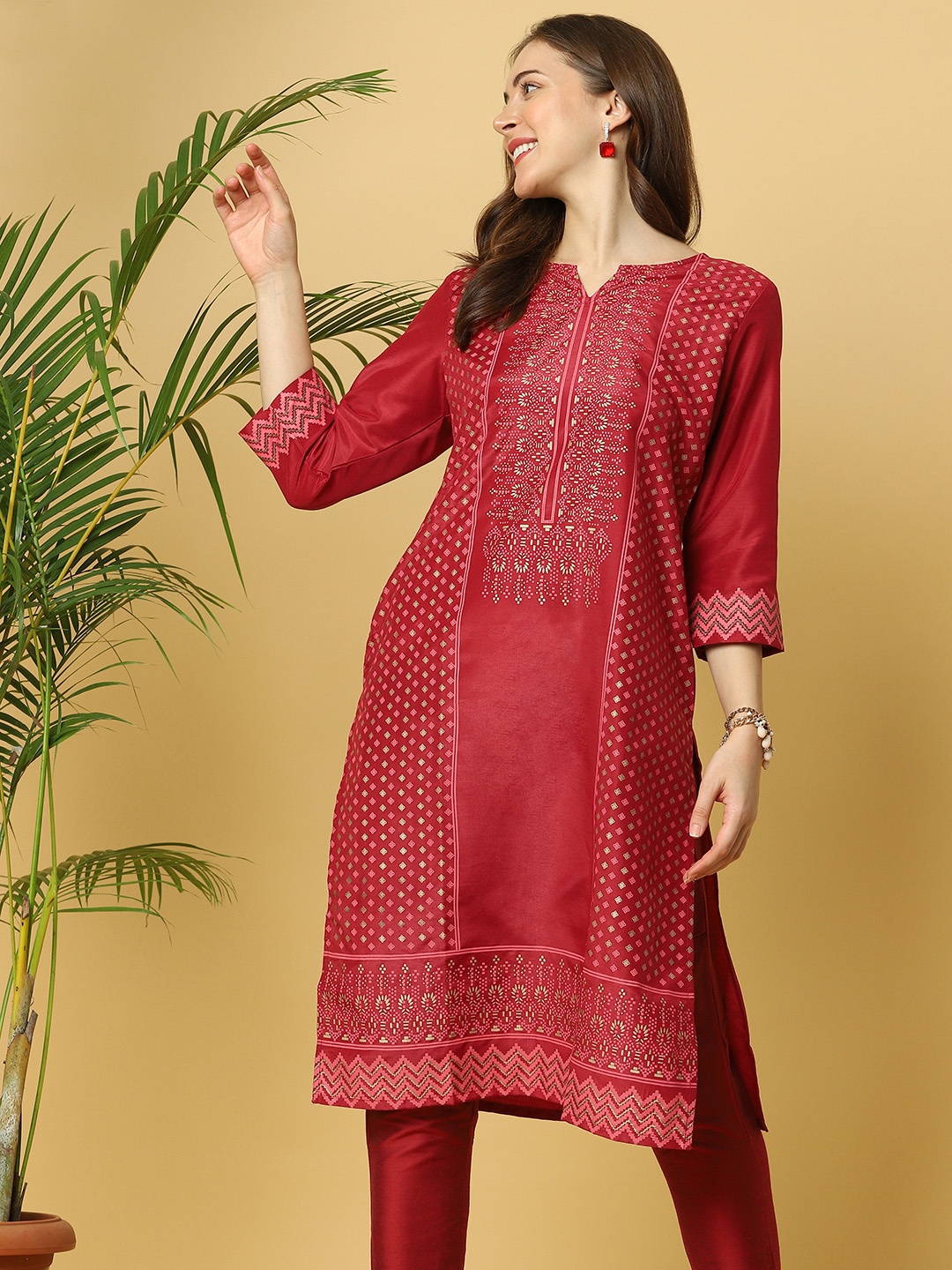 Indifusion Women Maroon Ethnic Motifs Printed Kurta