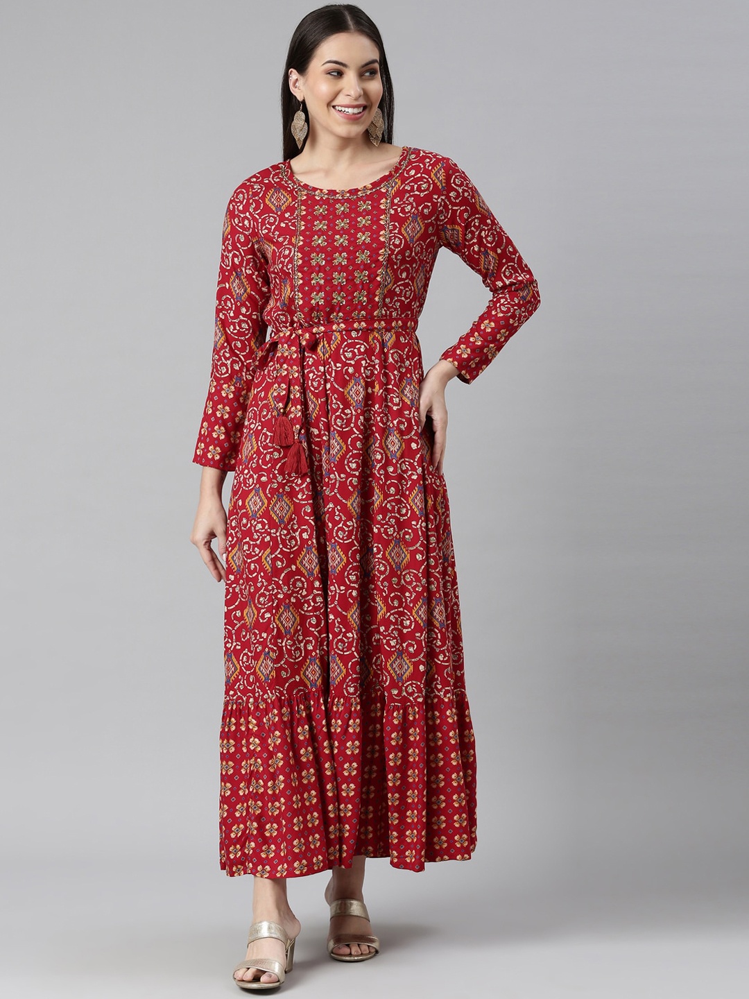Neerus Women Red Printed Mirror Work Anarkali Kurta