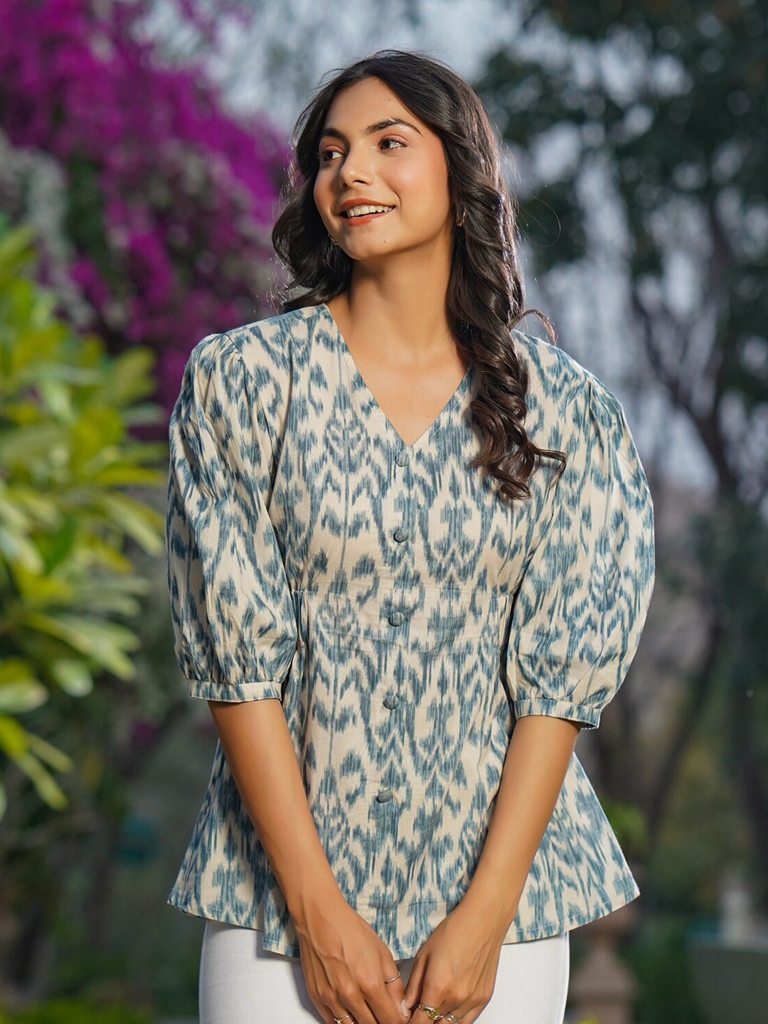 JISORA Cream-Coloured & Green Cotton Geometric Print Peplum Top