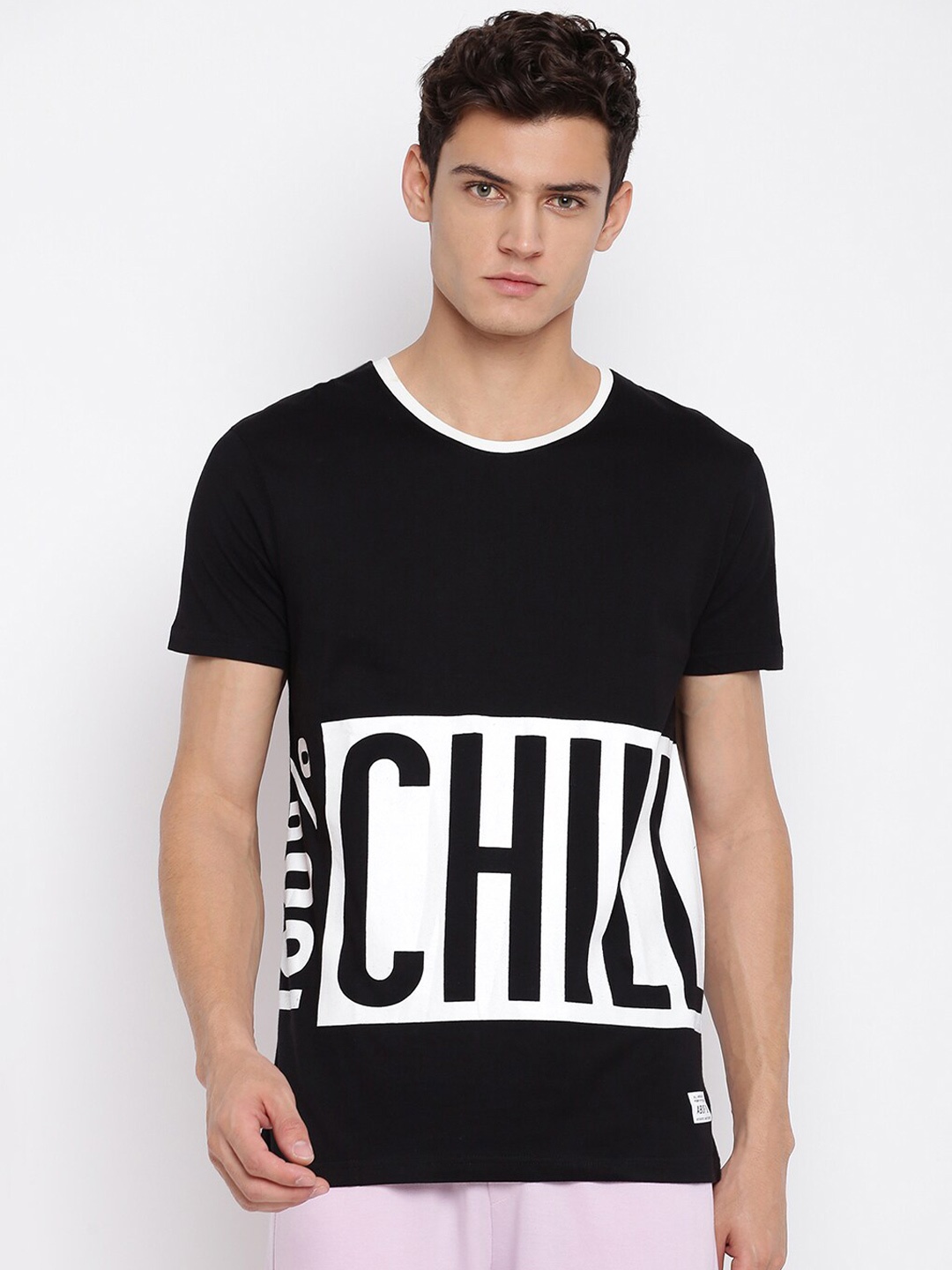 abof Men Black Typography Printed Round Neck Short Sleeves T-shirt
