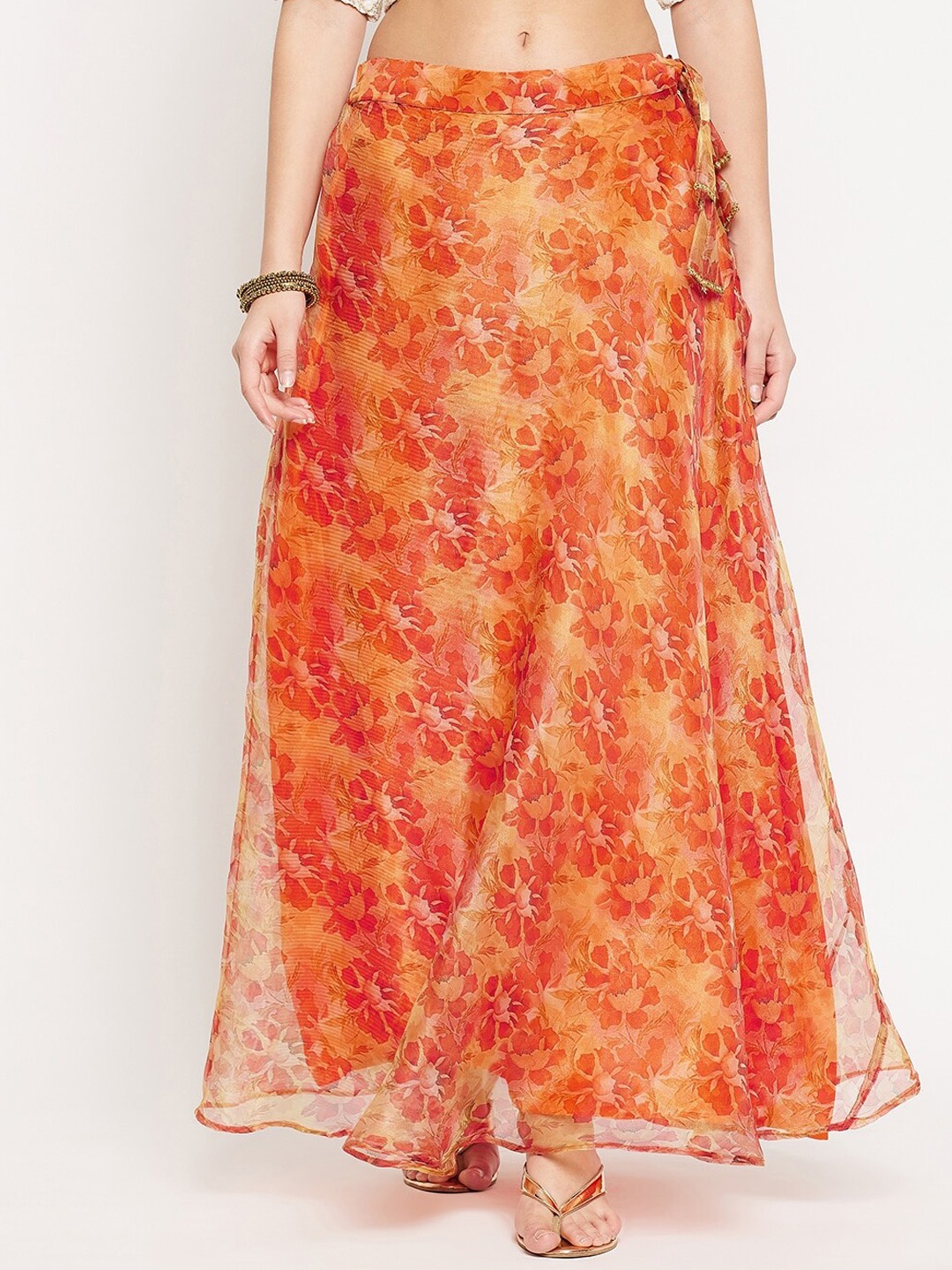 Clora Creation Woman Orange Floral Printed Organza Skirt